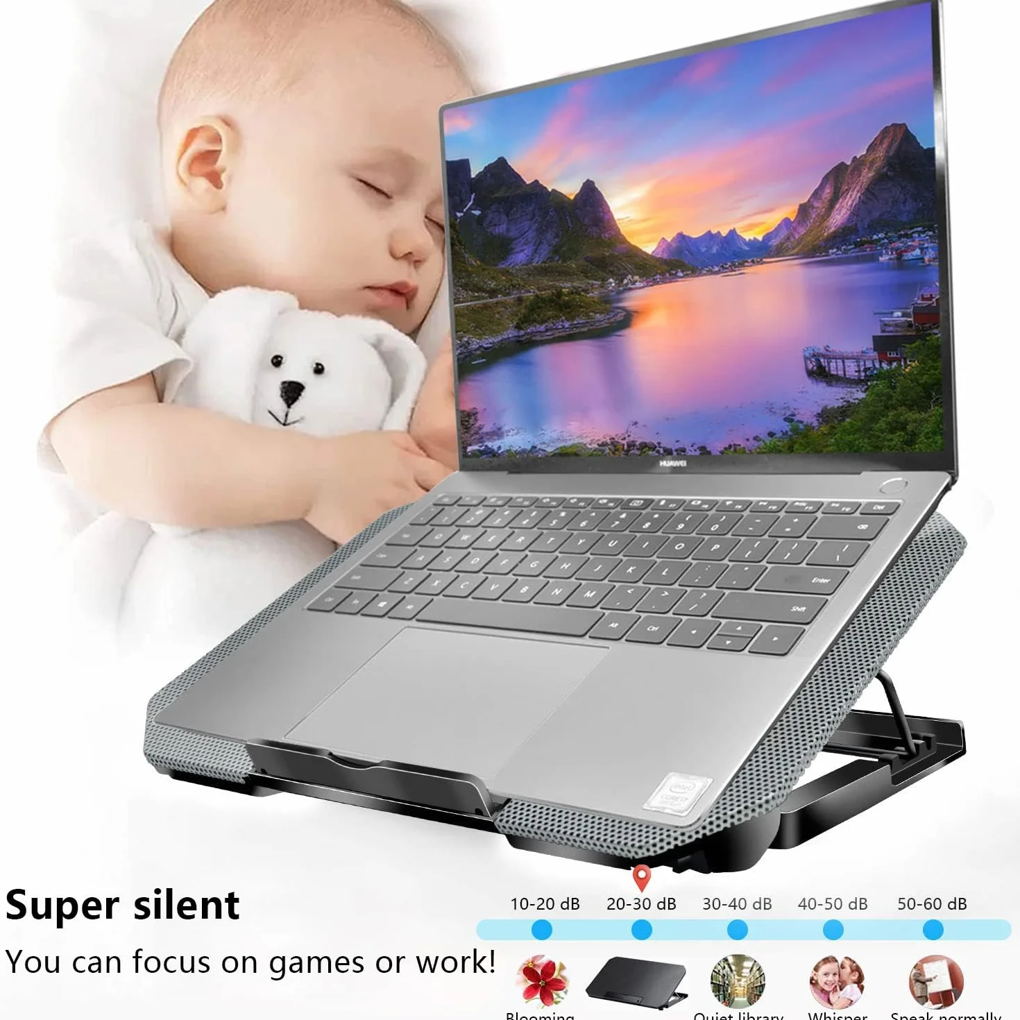 Podkładka chłodząca do laptopa, mata chłodząca, 2 ciche wentylatory, światła LED i 2 porty USB, 5 wysokości i z regulowaną prędkością, metalowa siatka, do laptopów 23-43.2 cm (srebrna)