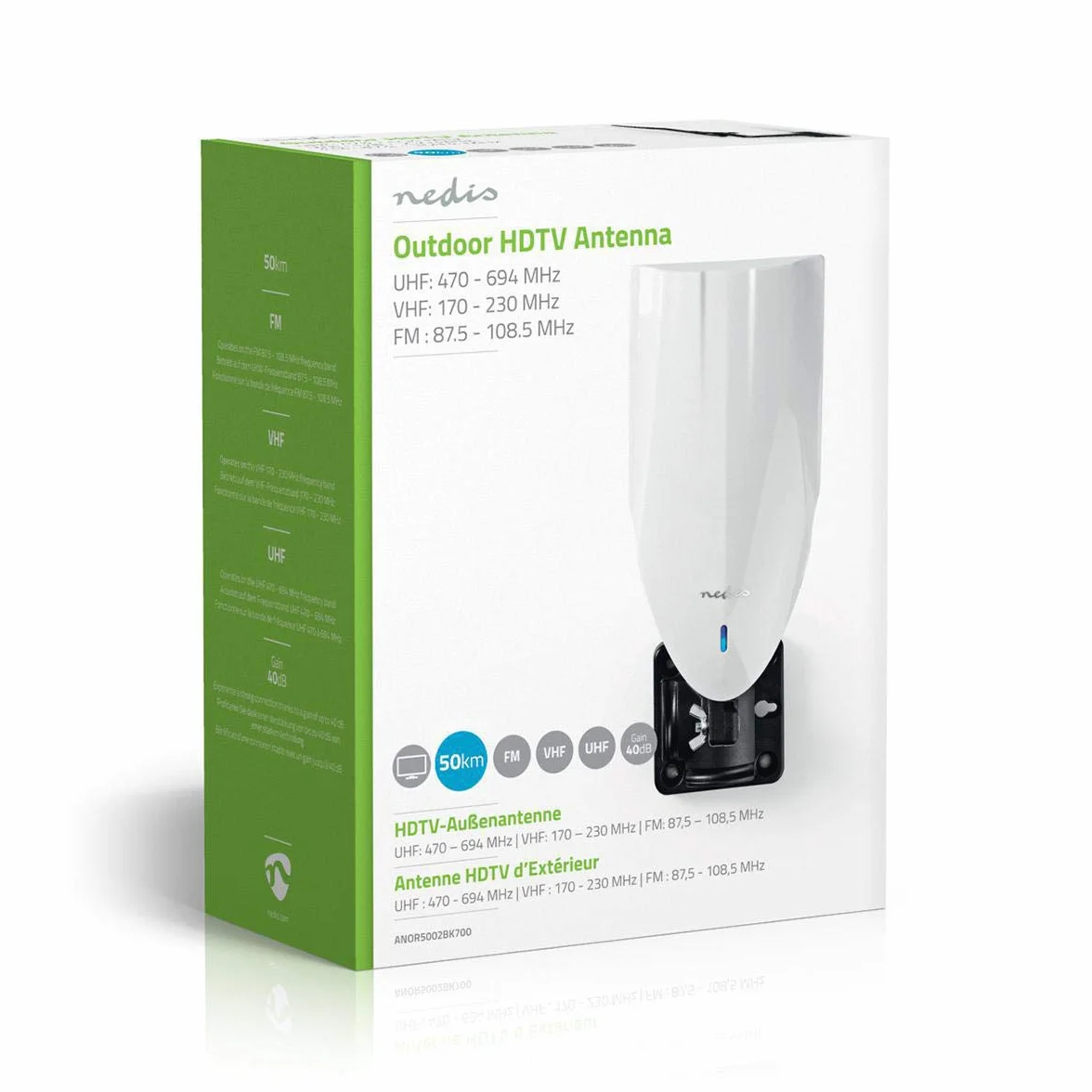 Nedis ANOR5002BK700 Zewnętrzna antena HDTV | Aktywna | FM/UHF/VHF | Zasięg odbioru: 0-50 km | LTE700 | Wzmocnienie: 40 dB | Biały/Czarny