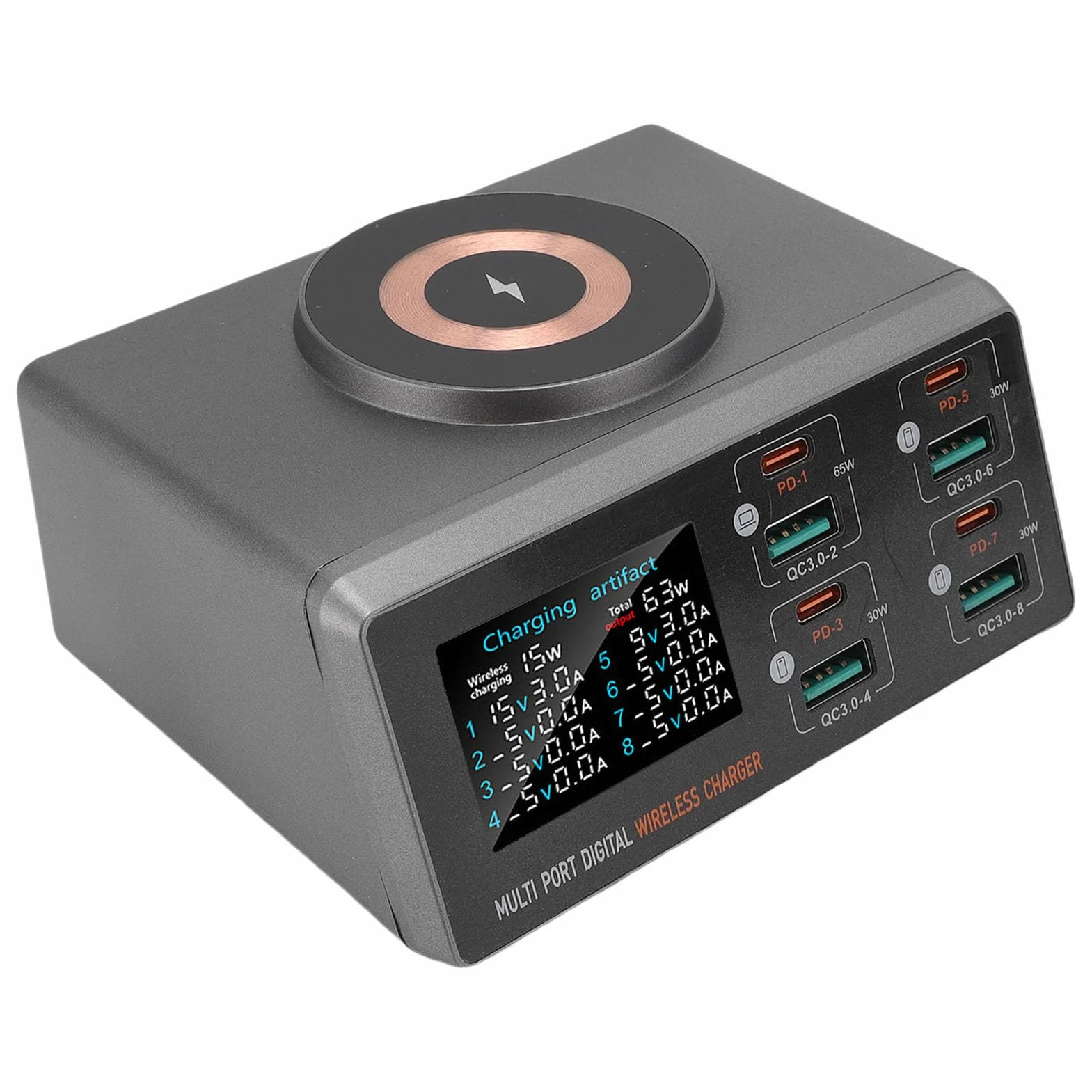 140 W Stacja ładująca, 8 Portowa ładowarka USB C z 15W bezprzewodową ładowarką, Adapter Zasilający PD + Wtyczka ścienna QC dla Telefonów, Zegarek (wtyczka UE)