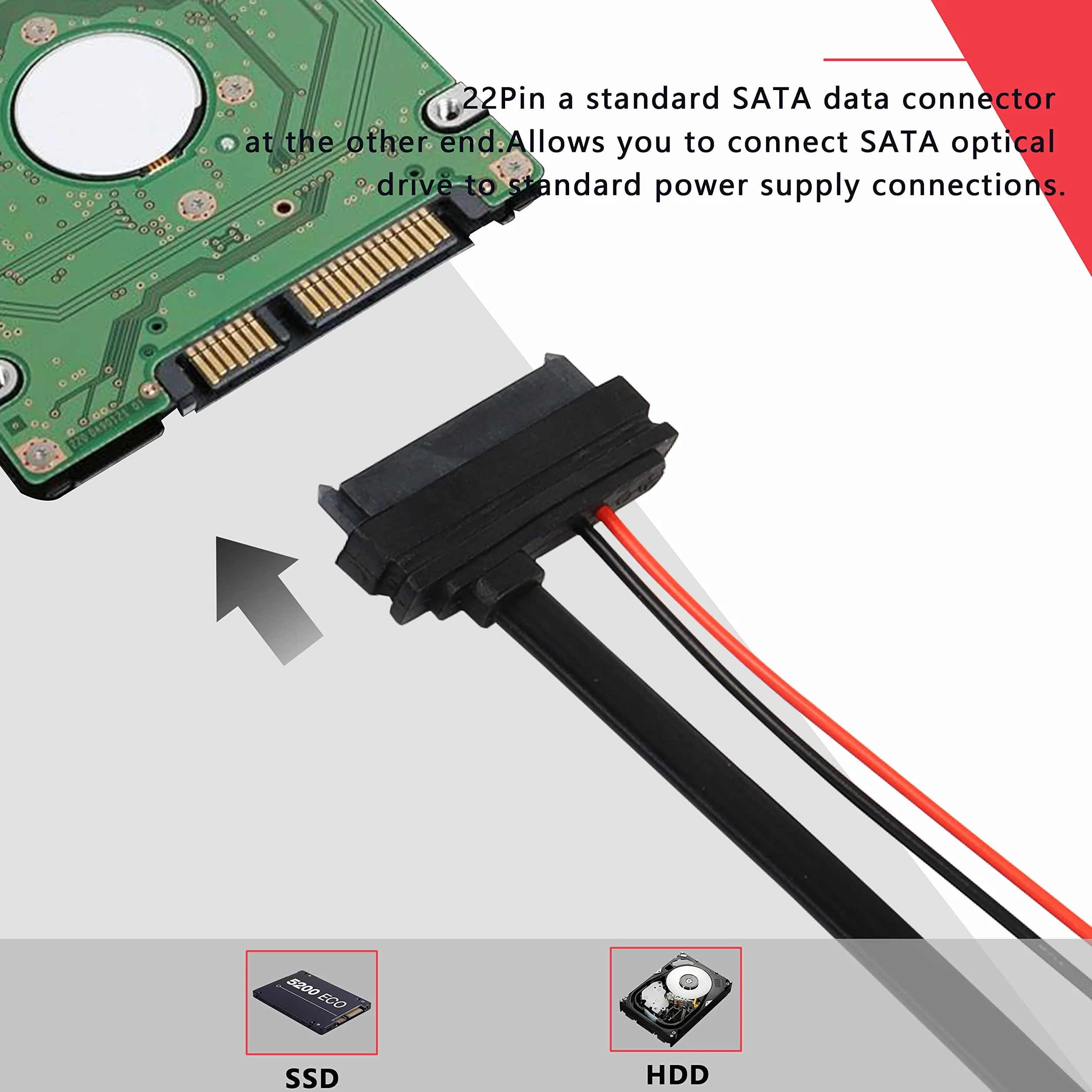 Slimline SATA 13-biegunowa wtyczka na 22-stykowe gniazdo SATA, adapter kablowy, Slimline Serial ATA 7+6-biegunowy na SATA 7+15-biegunowe złącze przedłużające do 2,5-calowego HDD, SSD i laptopa CD-ROM