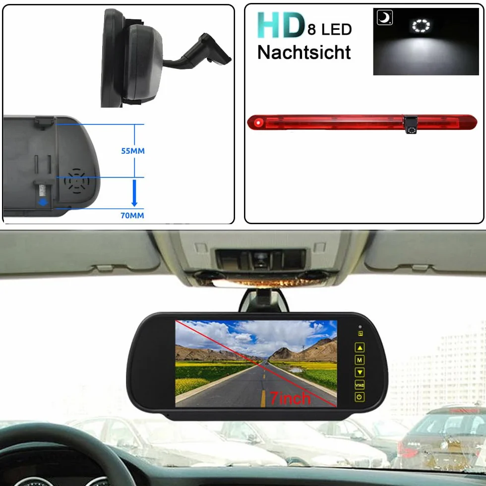 Światło hamowania samochodu, system cofania, światło hamowania, widoczność w nocy, kamera cofania z 8 diodami LED + 7 cali LCD lusterko wsteczne zamiennik do Mercedes Benz Vito W447 furgon Tourer V260