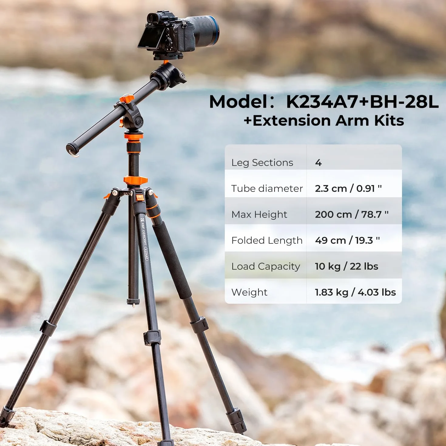 K&F Concept Statyw 200 cm, statyw do aparatu, tripod z kolumną środkową 90°, funkcja statywu jednonożnego, głowica kulowa 360° i gwint 1/4" do lustrzanki cyfrowej