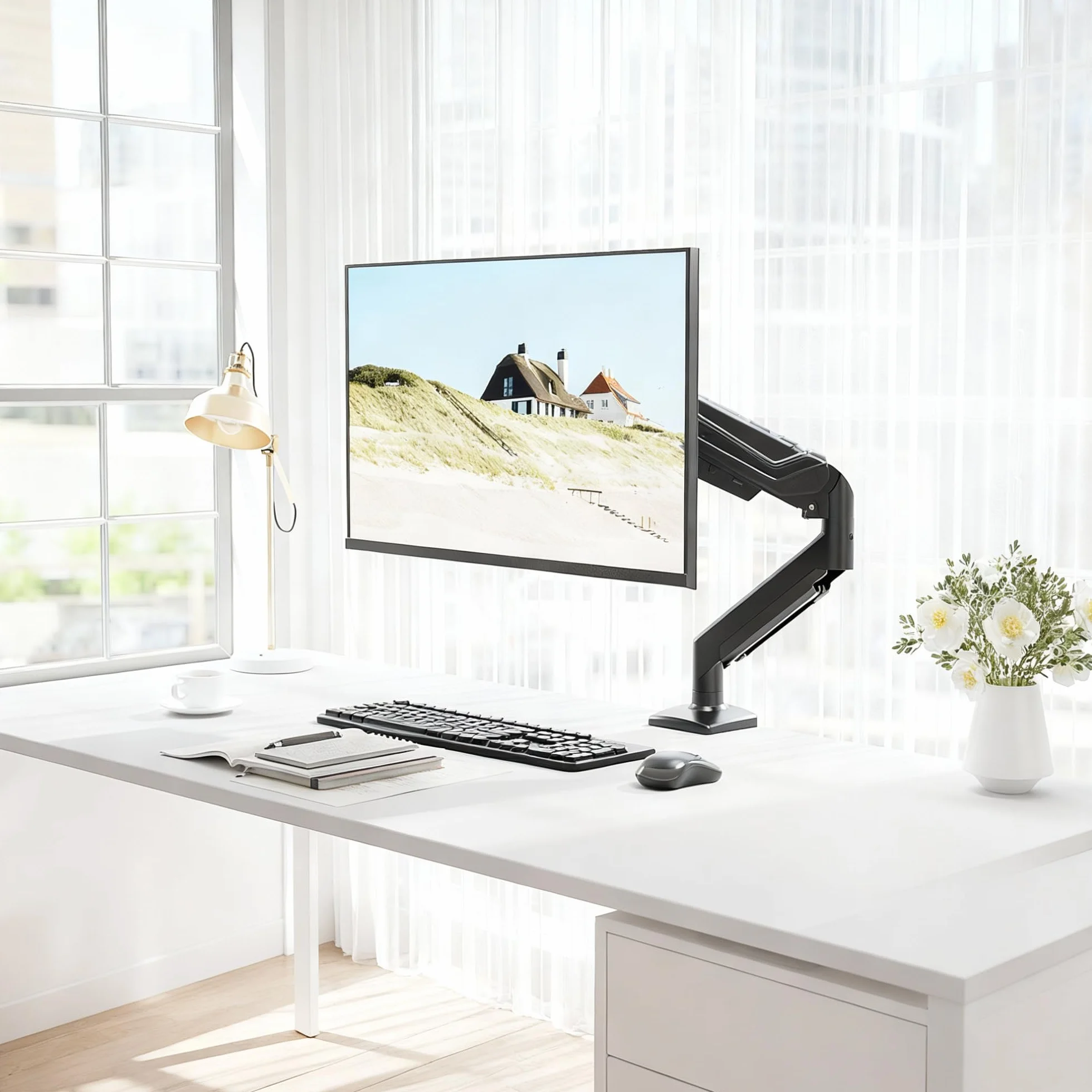 BONTEC Uchwyt do monitora 24-38 cali, sprężyna gazowa, 12 kg, VESA 75/100 mm | Regulacja wysokości, pochylenie, obracanie o 360°, z zarządzaniem kablami – ergonomiczny do domowego biura i gier