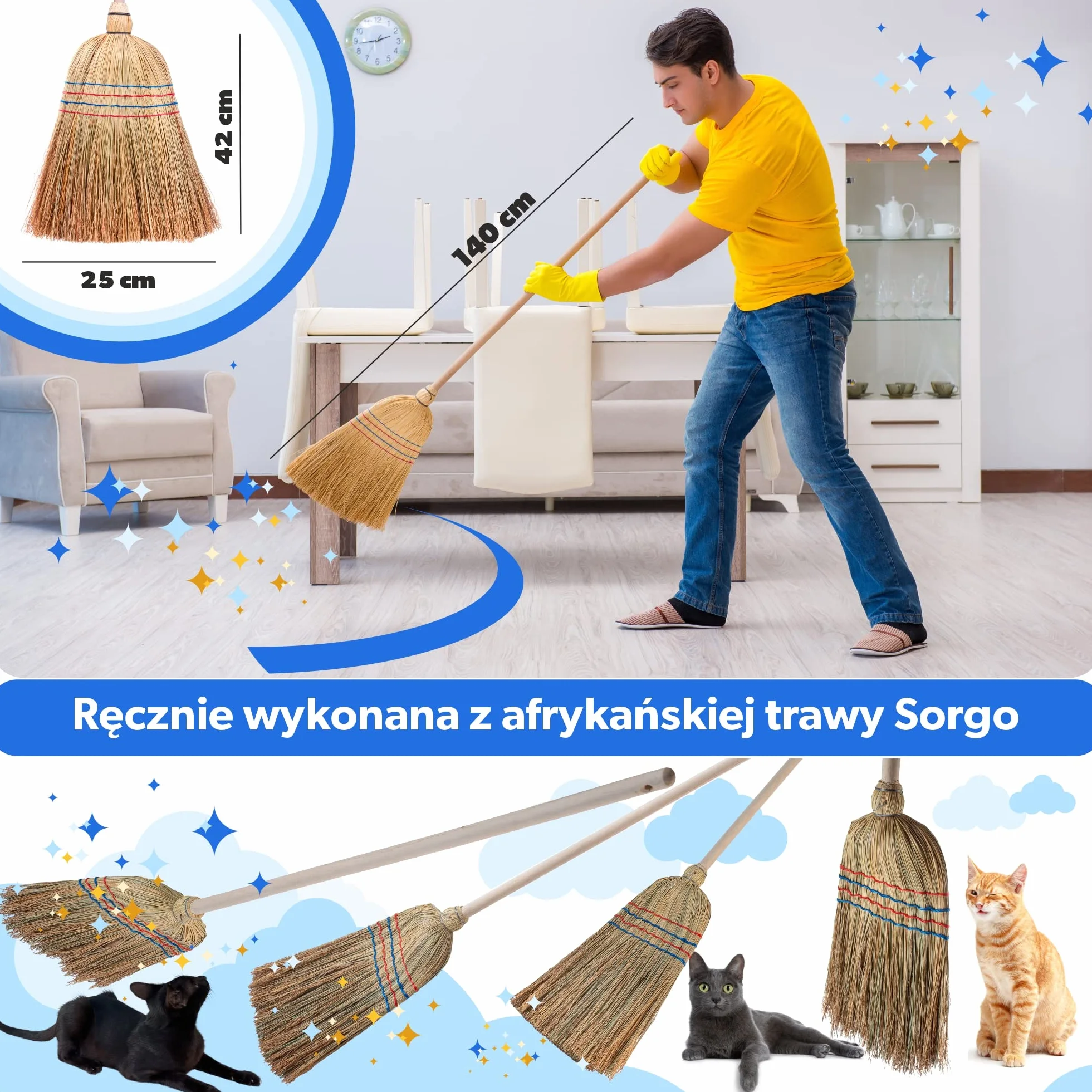 KADAX Trzepaczka ze słomy ryżowej, miotła do ryżu, miotła z długim trzonkiem z drewna, funkcjonalna miotła słomkowa, miotła z sorgo, miotła czarownica, miotła ze słomy ryżowej (dł.: 140 cm)