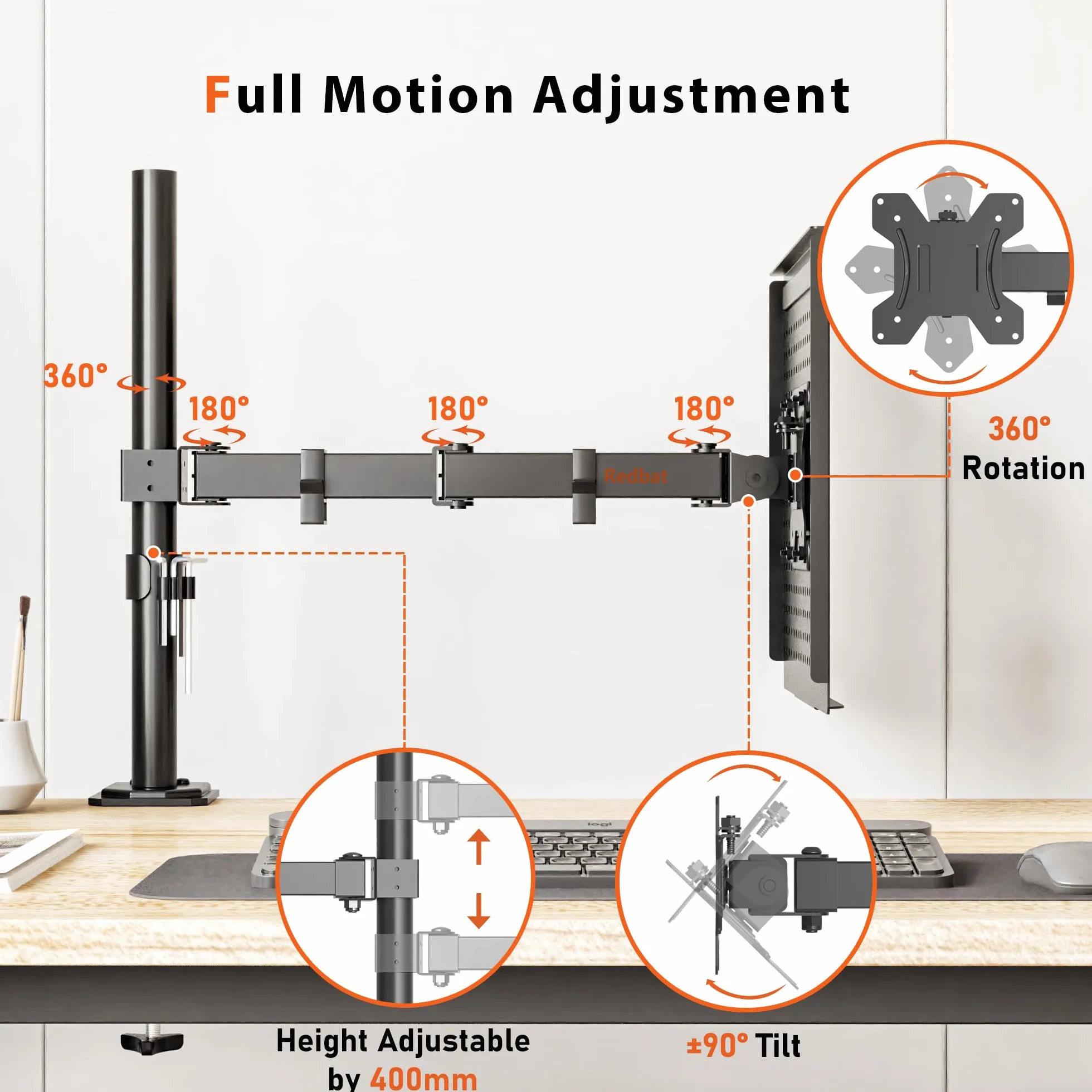 REDBAT Ergonomiczny Uchwyt na Laptopa do 16″ z Regulacją Wysokości i Półką na Monitor 13-32″ - Stojak na Biurko z 2 Opcjami Montażu, VESA 75x75/100x100mm, Do 8 kg