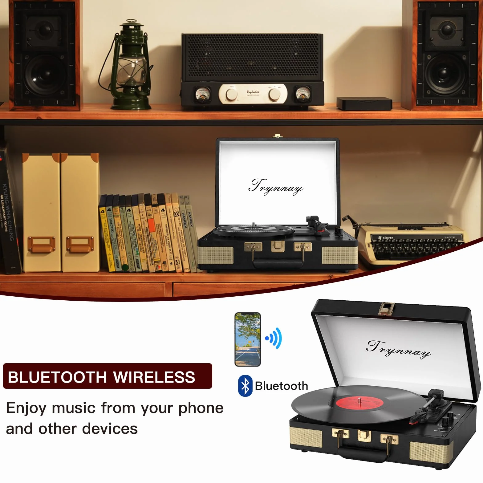 Trynnay Gramofon, 3-biegowy Bluetooth, przenośny odtwarzacz winylowy z wbudowanymi głośnikami, gramofon, ulepszony dźwięk audio, skóra PU, czarny vintage