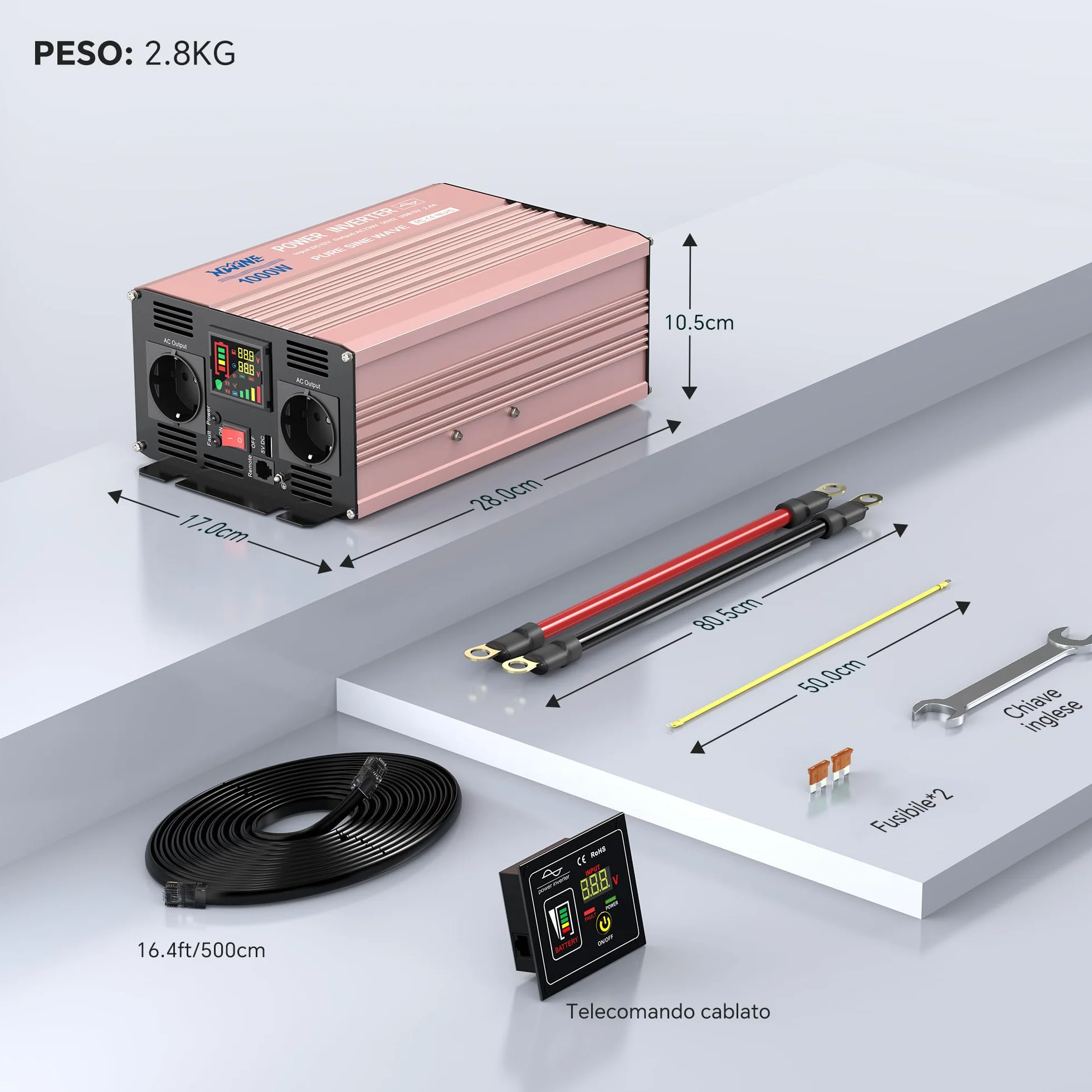 XWJNE Falownik 1000 W, 12 V na 230 V, czysty sinus, przetwornica napięcia z 2 gniazdami UE i 1 przyłączem USB, przekładnik prądu do samochodu, ładowania telefonów komórkowych, laptopów i innych