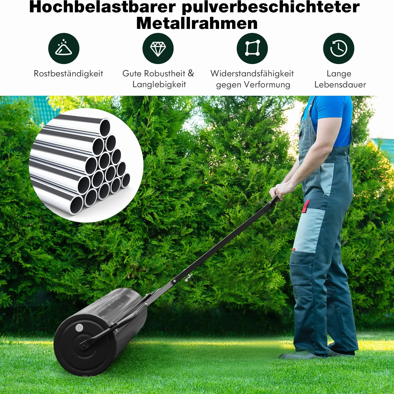 COSTWAY Walec do trawnika napełniany wodą lub piaskiem, 63 L, Ø 30 cm x 99 cm, walec gruntowy z uchwytem, walec ogrodowy metalowy, walec ręczny Lawn Roller, walec do trawnika dla równego trawnika