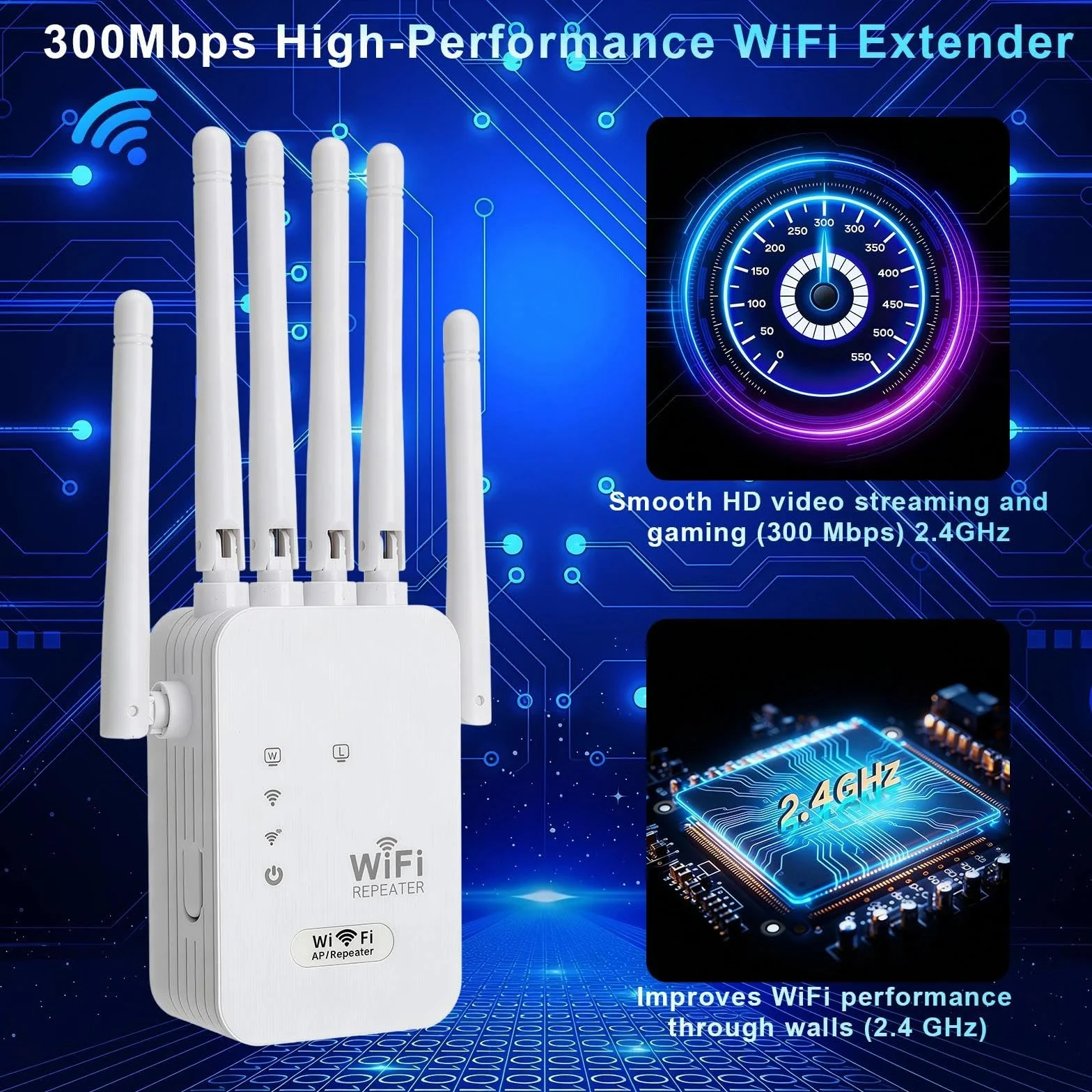 Wzmacniacz WLAN Repeater, wzmacniacz WiFi 300 Mbps, wzmacniacz WiFi z 6 antenami, łatwa konfiguracja, przedłużacz zasięgu WiFi z portem LAN/WAN, kompatybilny ze wszystkimi routerami WLAN