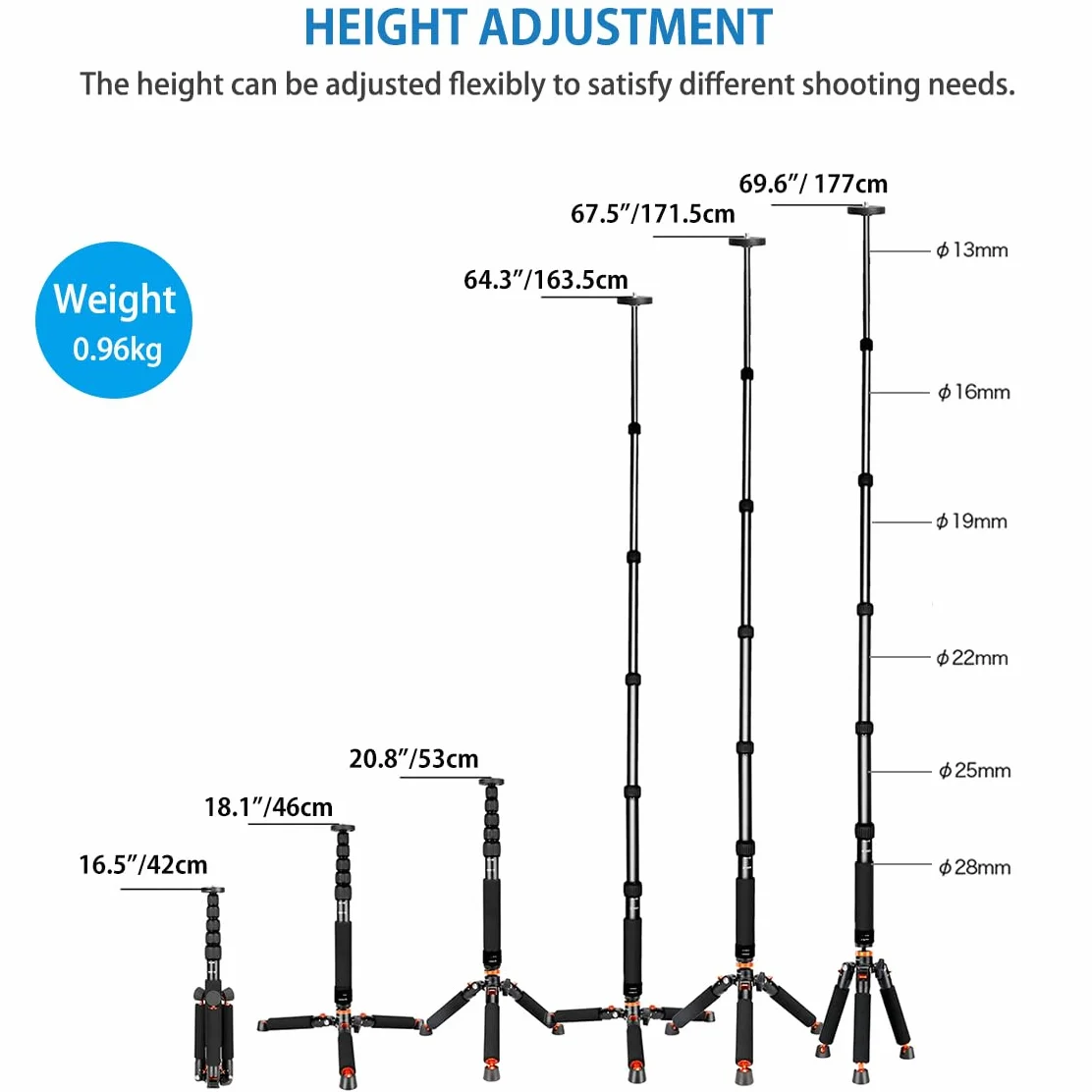 Koolehaoda Aluminiowy monopod do aparatu fotograficznego z metalową podstawą. 6 sekcji 42-177 cm, regulowana średnica nóg Φ28 mm, do 10 kg - czarny