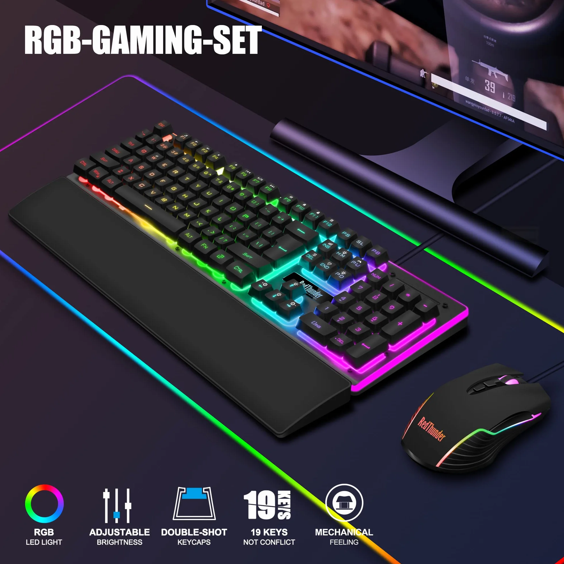 RedThunder K10 zestaw klawiatury i myszy do gier, układ QWERTZ DE, metalowa płyta i podpórka pod nadgarstek, podświetlenie RGB i ergonomiczna 7D dla graczy PC (czarny)