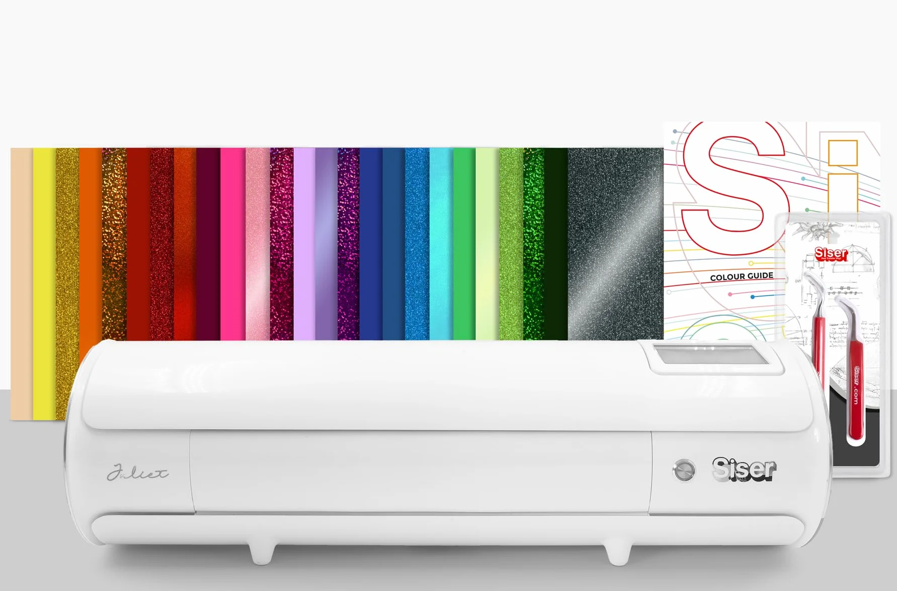 SISER Juliet® zestaw tęczy – profesjonalny ploter tnący + 25 arkuszy folii A4 z winylu, haczyki do usuwania kratek, pęseta i karty kolorów – idealnie nadaje się do kreatywnych projektów na tekstyliach