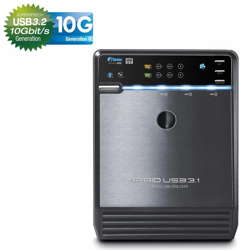 FANTEC QB-35U31R zewnętrzna obudowa dysku twardego RAID do 4 x 8, 89 cm (3,5 cala), złącze USB 3.1 generacji II, funkcja Raid z 2 niezależnymi zestawami, wentylatory 80 mm, czarna