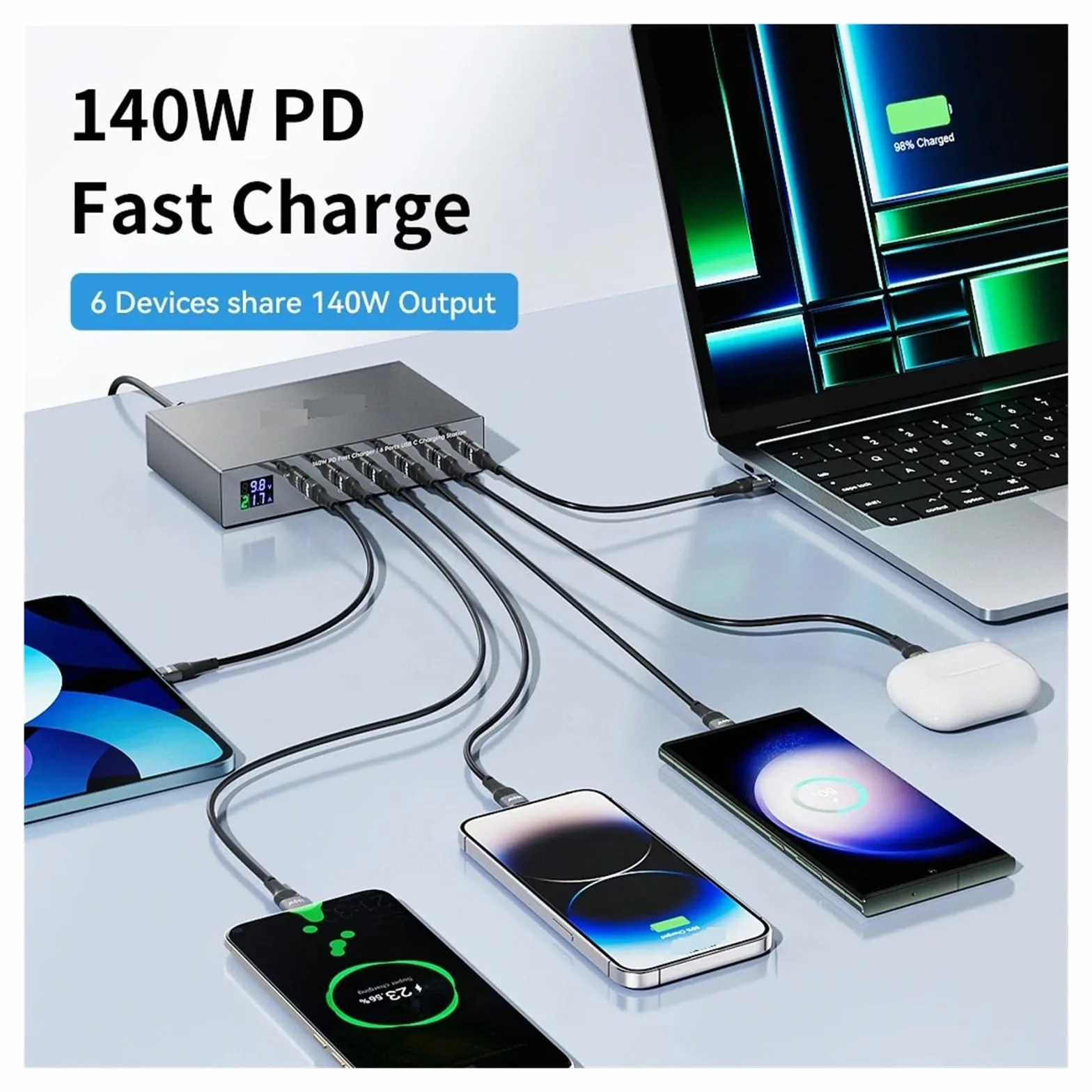 Szybka Ładowarka PD O Mocy 140 W Z 6 Portami Stacja Szybkiego Ładowania Multi USB-C 30 Wyświetlaczem LED MożLiwość Szybkiego łAdowania(With 100w 1m cable)