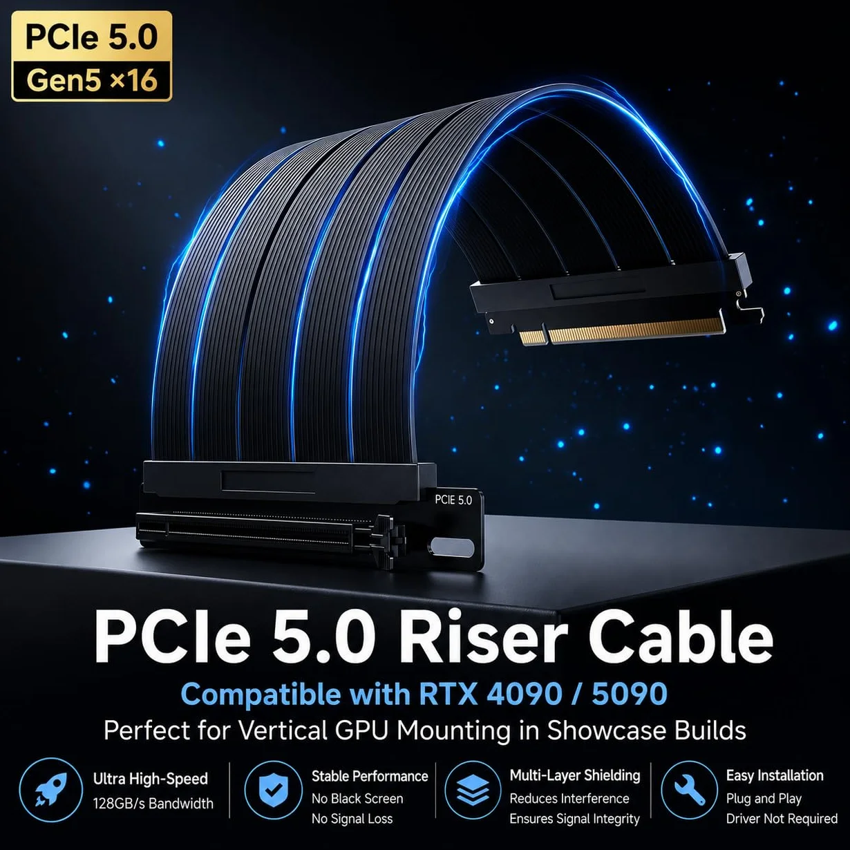 Kabel podwyższający PCIE 5.0, adapter 90 stopni, kompatybilny z GPU RTX5090 RX9070, szybkość transferu 32,0 GT/s, przedłużacz PCIE 5.0 X16, prosty przedłużacz GPU GEN5 do