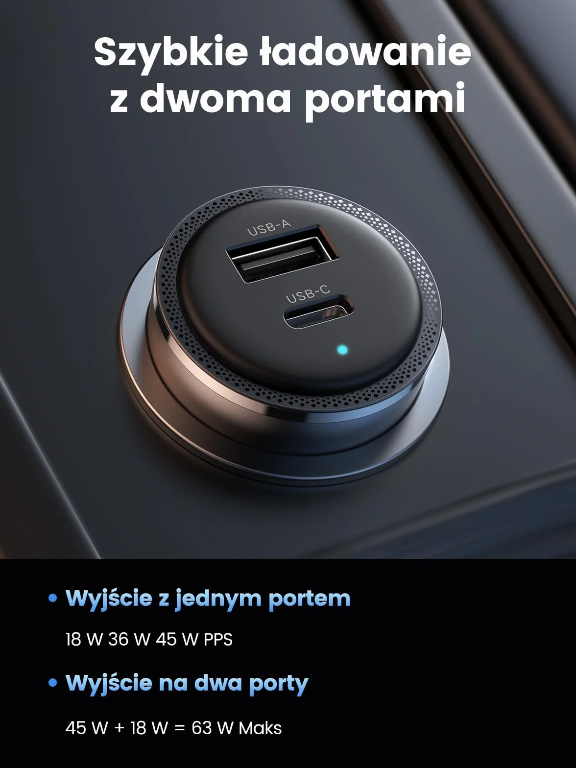 UGREEN Zapalniczka USB 63 W 45 W + 18 W Ładowarka samochodowa USB C 12 V PPS Kompatybilna z iPhone17/16/15 MacBook Air, S25, S24 nawigacją GPS itp