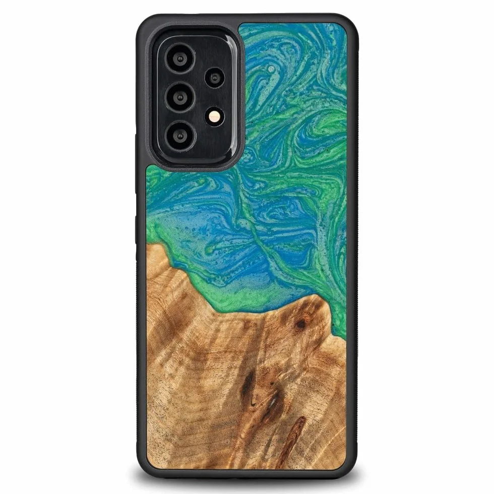 Unikalne etui kompatybilne z Samsung Galaxy A73 5G, ręcznie wykonane etui ochronne z naturalnego drewna i żywicy, neonowe wzornictwo, odporne na uderzenia, kompatybilne z MagSafe