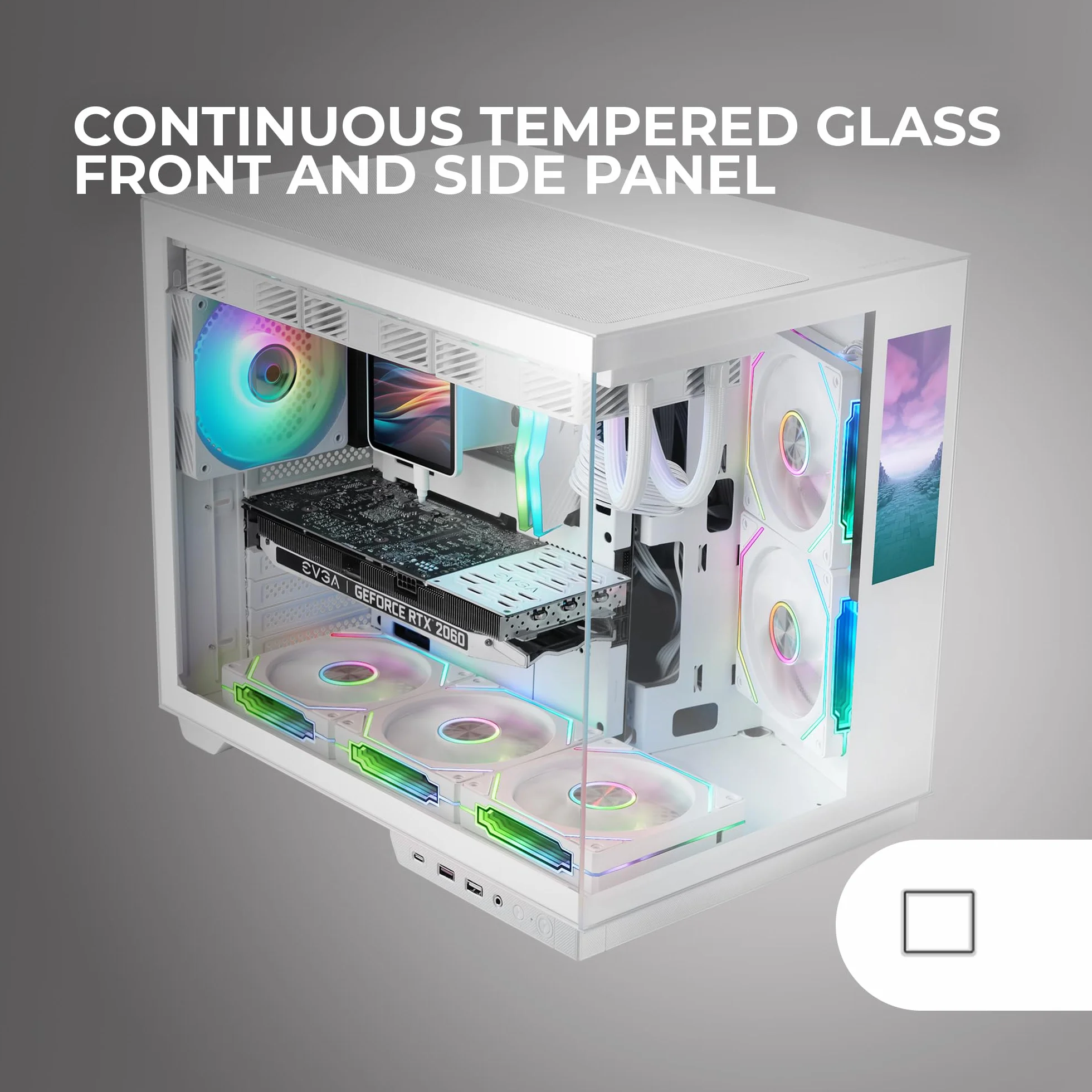 Mars Gaming MC-MIRAGE, Obudowa Gamingowa ATX, Ekran LCD IPS 7,2” Personalizowany, Ciągły Szkło Hartowane Przedni i Boczny Panel, Struktura Podwójnej Komory, Wsparcie Chłodzenia Cieczą do 360mm, Biały