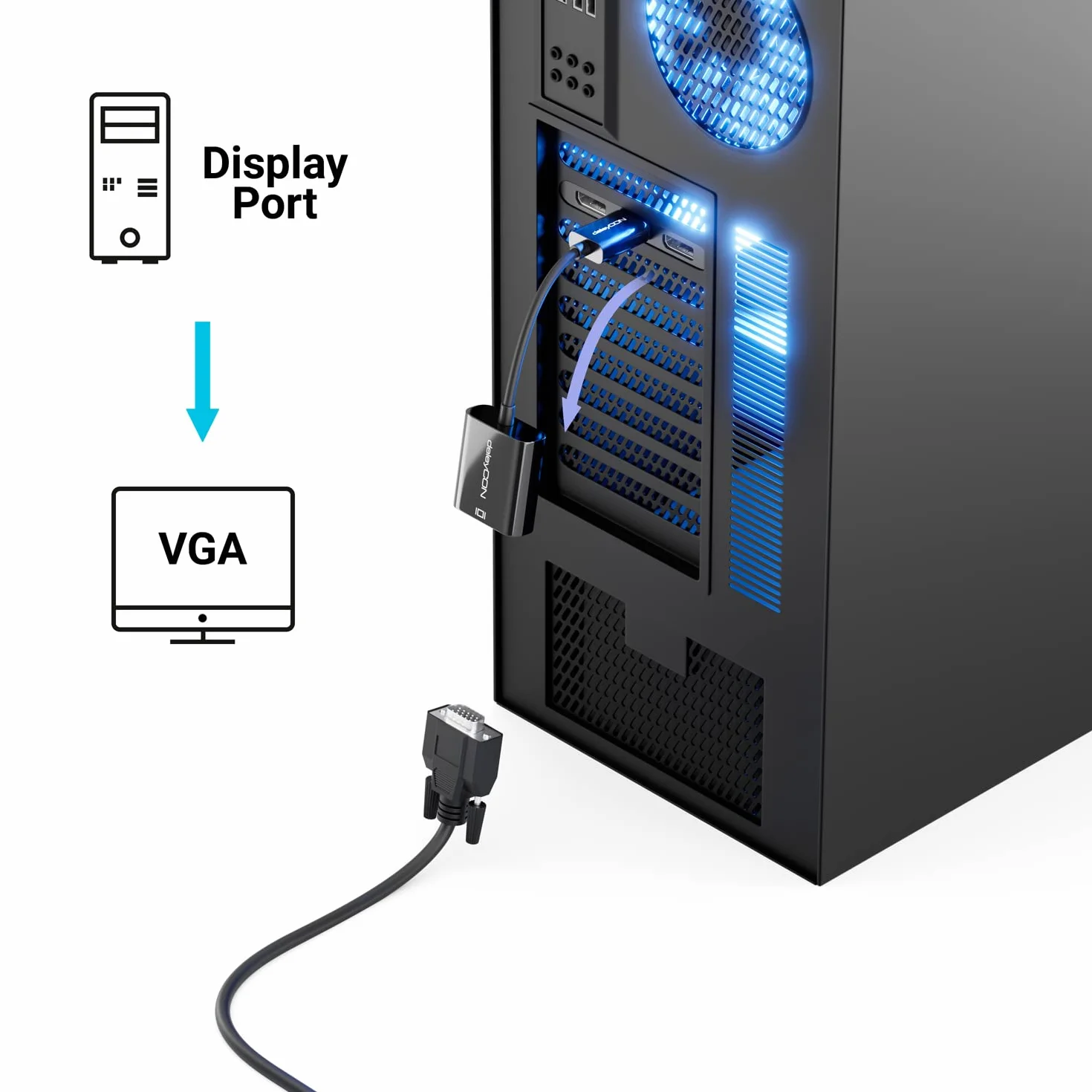 deleyCON Przejściówka DisplayPort na VGA - DisplayPort Męski na VGA Zeński - do Komputera PC Notebooka Monitora Projektora - Czarny