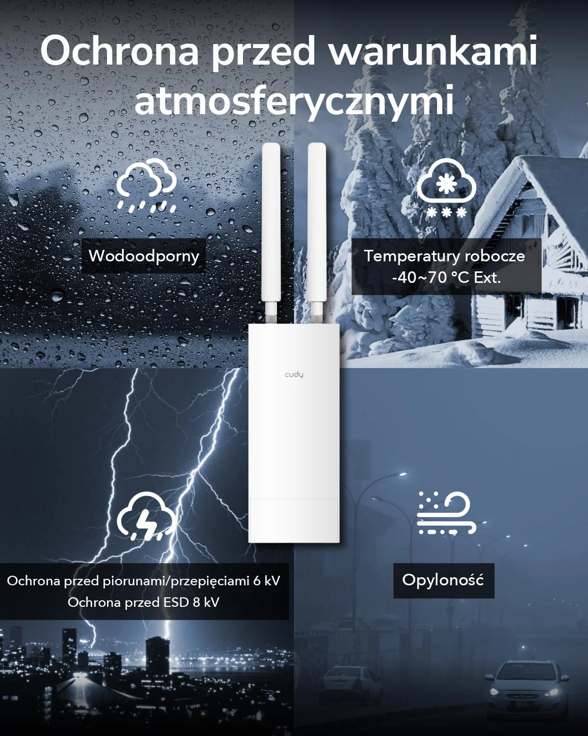 Cudy AP3000 Outdoor IP65 Zewnętrzny punkt dostępowy AX3000 WiFi 6 o dużej mocy, zewnętrzna FEM o dużej mocy, Gigabit RJ45, obsługuje pasywne PoE