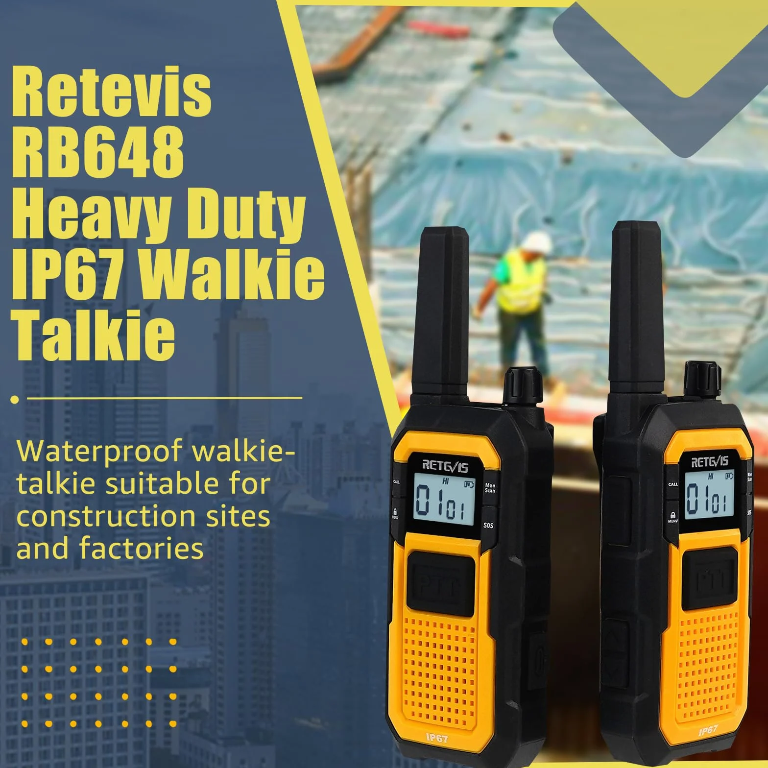 Retevis RB648 Walkie Talkies Wodoodporne, Wytrzymałe Walkie Talkies Przemysłowe, IP67 VOX, SOS 2000mAh Akumulatorowe Krótkofalówka ze Słuchawką na Plac Budowy, Bezpieczeństwo (2 Szt., Żółty)