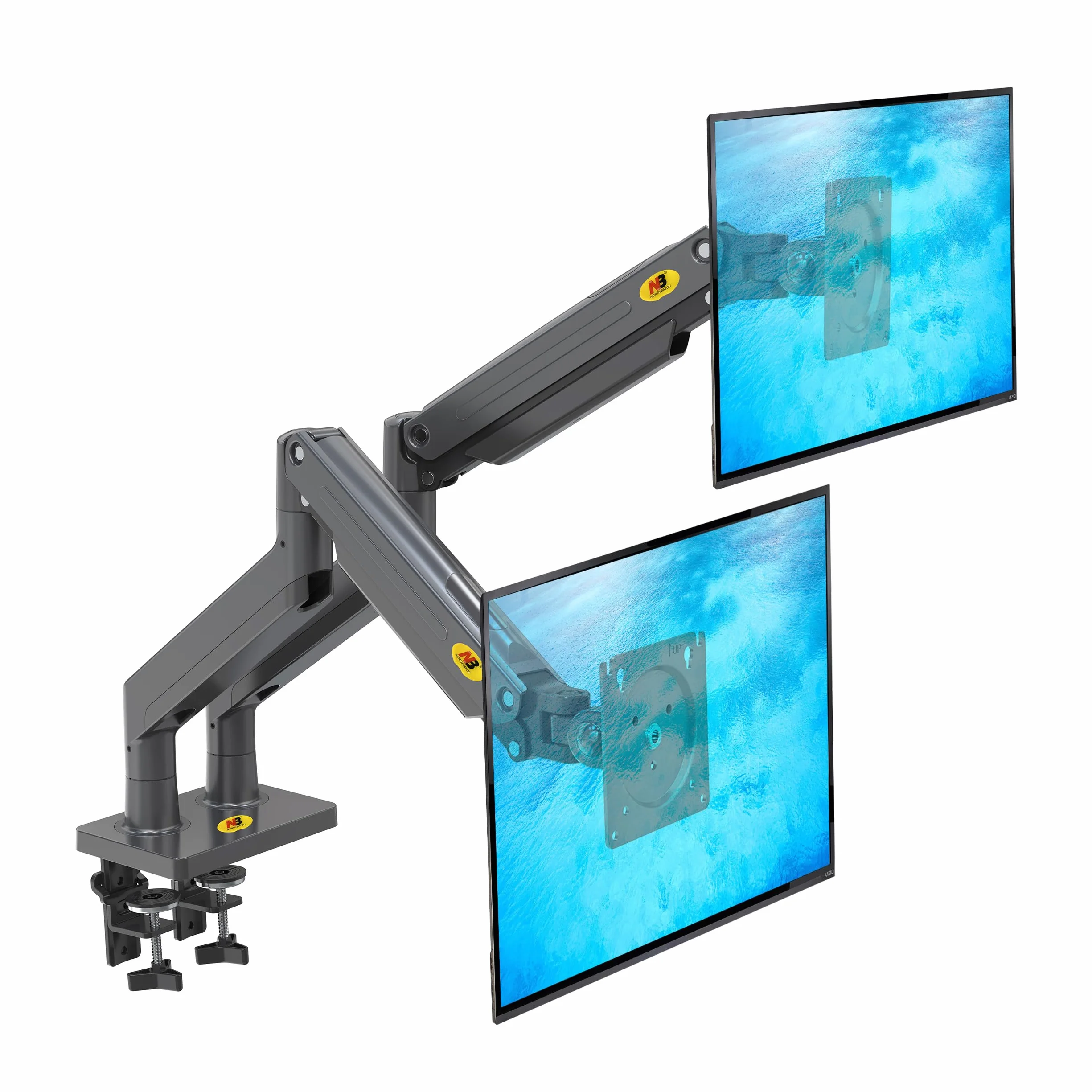 Solidny obrotowy uchwyt biurkowy na sprężynie gazowej do dwóch monitorów LCD LED 22-32 cali, VESA max. 100 x 100 mm, udźwig do 15 kg