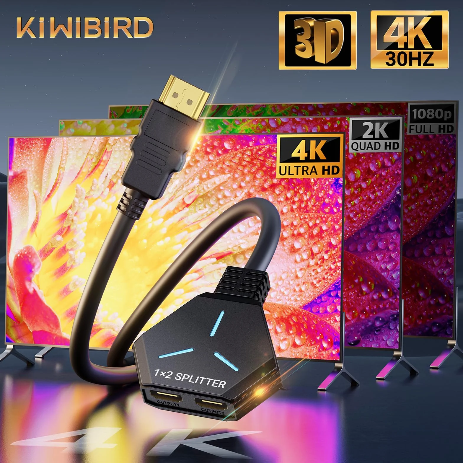 KiWiBiRD Rozdzielacz HDMI 1 w 2 wyjście do daul monitorów, splitter adapter HDMI lustrzane ekrany dwukierunkowy 4K 2160p 1440p 1080p HDCP, kompatybilny z TV Laptopa Gier PC PS5 PS4 Projektor
