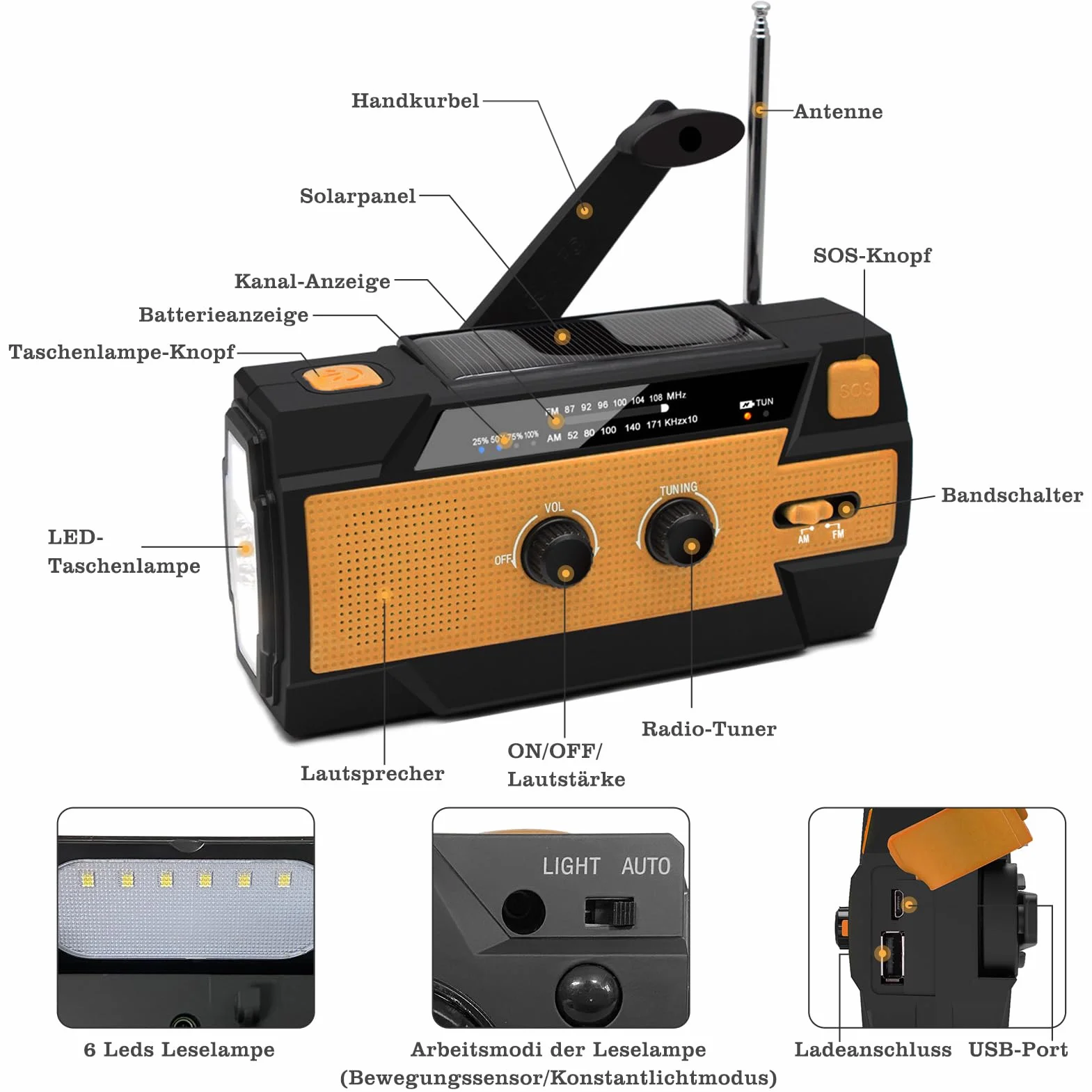 Nigecue Radio solarne, przenośne radio z korbą, dynamo z AM/FM, wbudowana bateria 4000 mAh, 4 tryby pracy, latarka LED, lampka do czytania z czujnikiem ruchu, alarm SOS w nagłych wypadkach