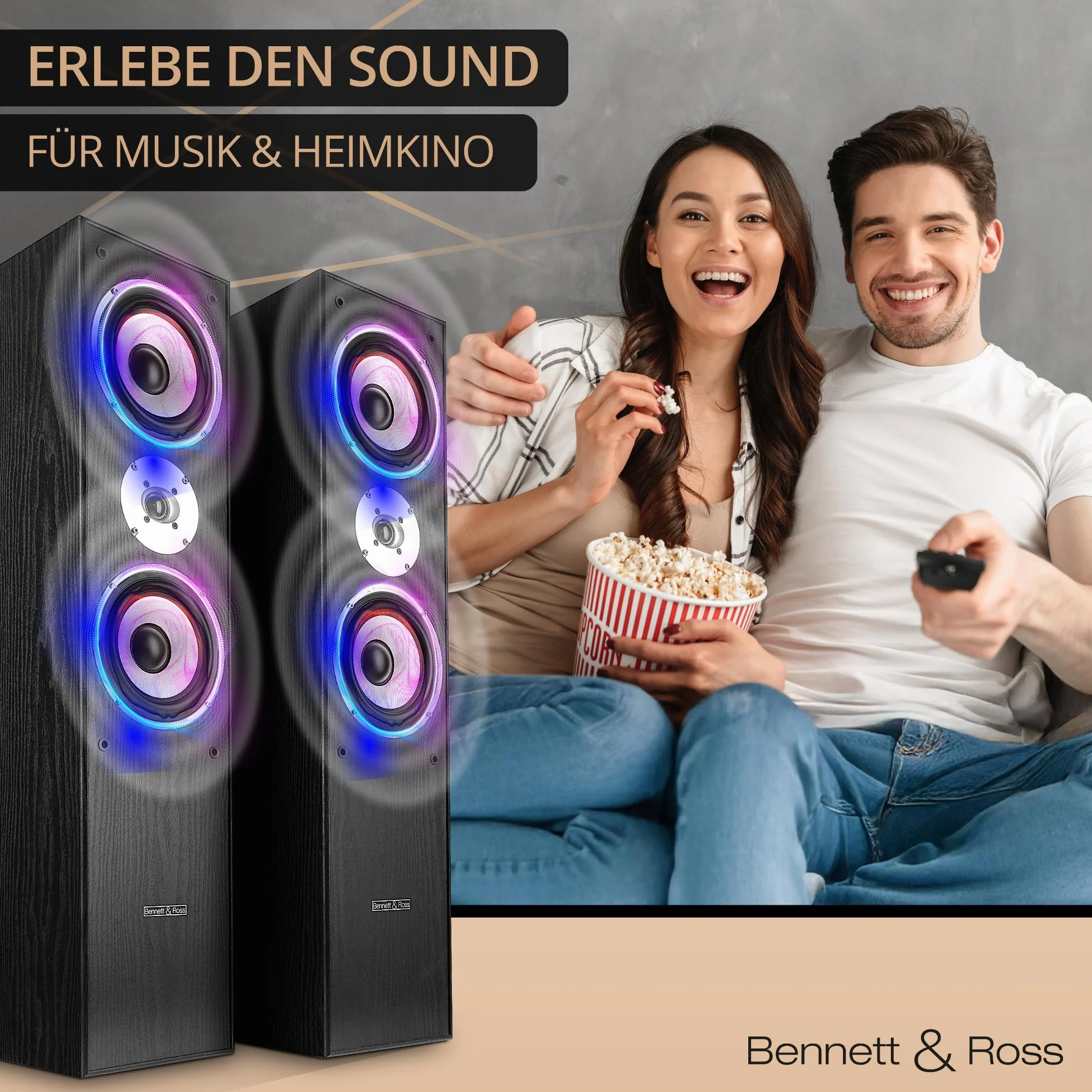 Bennett & Ross Radiant 3-drożny głośnik stojący HiFi (350 W RMS, 6,5" głośnik niskotonowy, 6,5" głośnik średniotonowy, 1" głośnik wysokotonowy, konstrukcja bass reflex, rysunek słojów o wyglądzie
