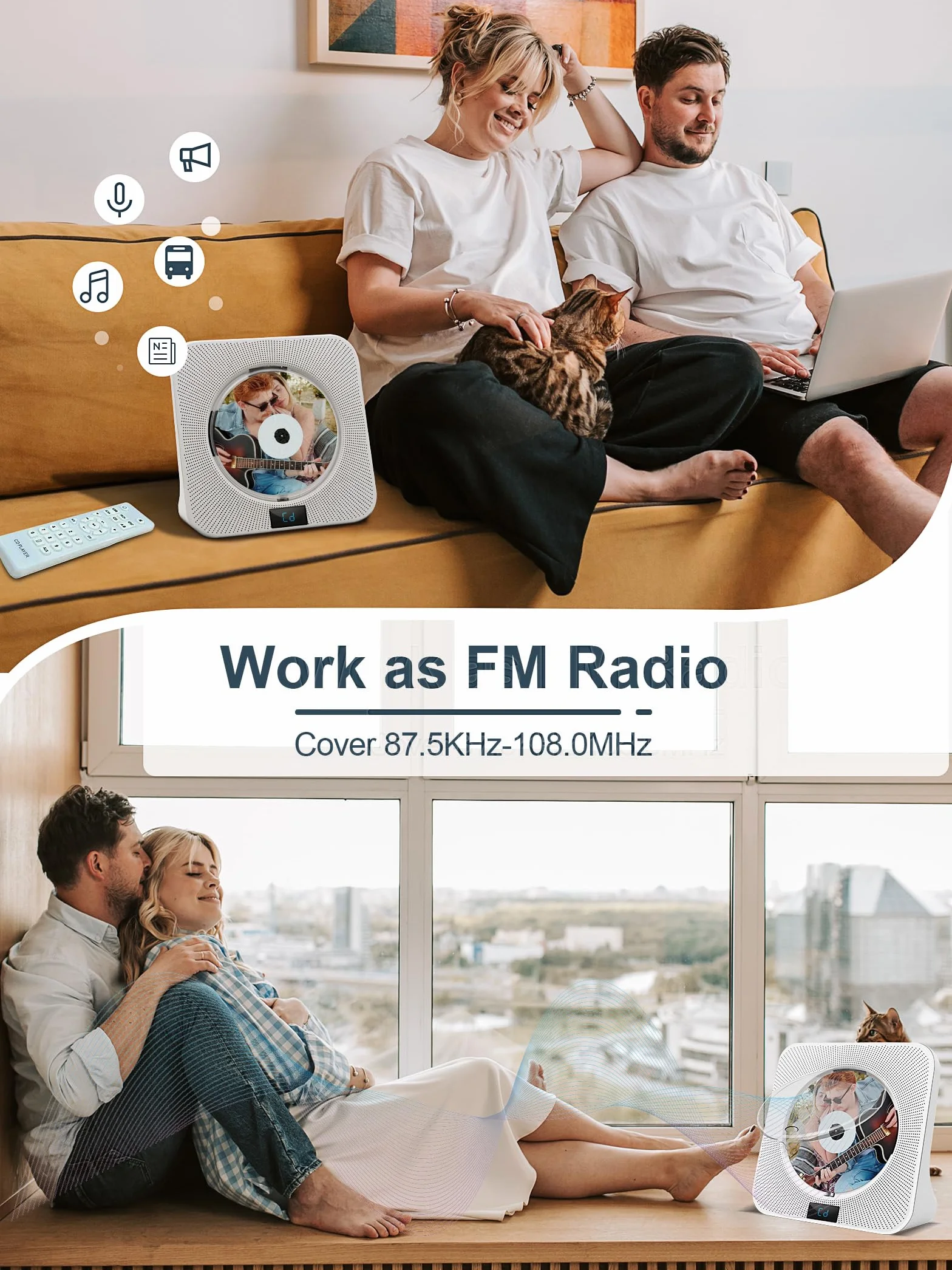 Przenośny odtwarzacz CD Jimwey z głośnikami HiFi, radio FM, pilot zdalnego sterowania, ekran LED, obsługa płyt CD/Bluetooth/USB/AUX, biały odtwarzacz CD na prezent