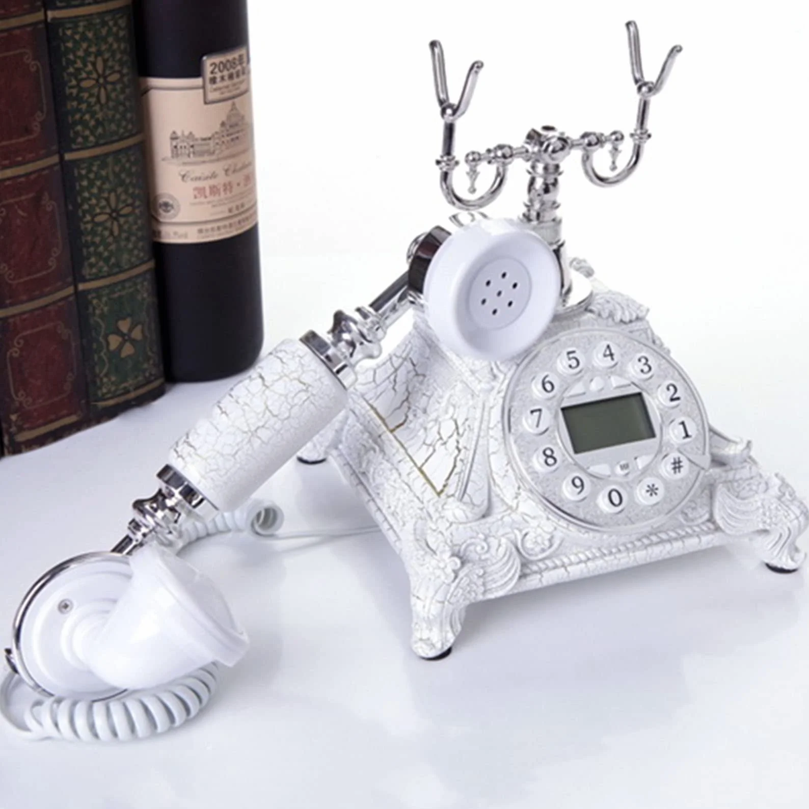HJMMWT Telefon w stylu vintage, antyczny telefon stacjonarny z przyciskiem wybierania, klasyczne telefony dekoracyjne do domu, przewodowy retro, żywica
