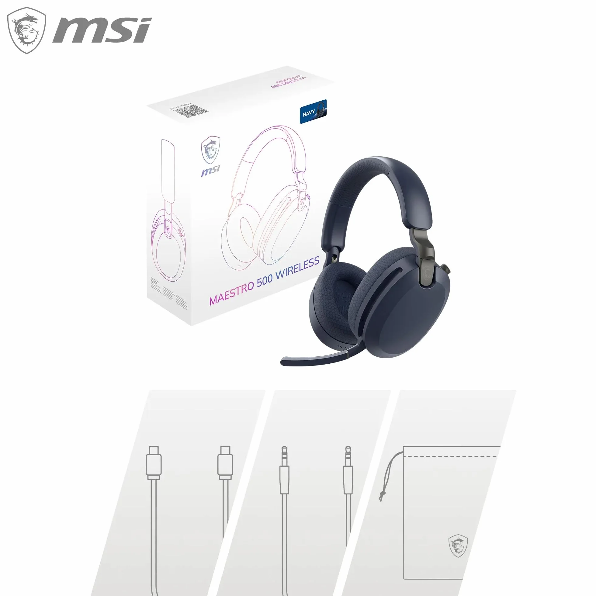 MSI MAESTRO 500 WIRELESS granatowy zestaw słuchawkowy, aktywna redukcja szumów, tryb przezroczystości, niskie opóźnienie 2,4 GHz, Bluetooth 5.4, przewodowy 3,5 mm, sterowniki 40 mm, chowany mikrofon