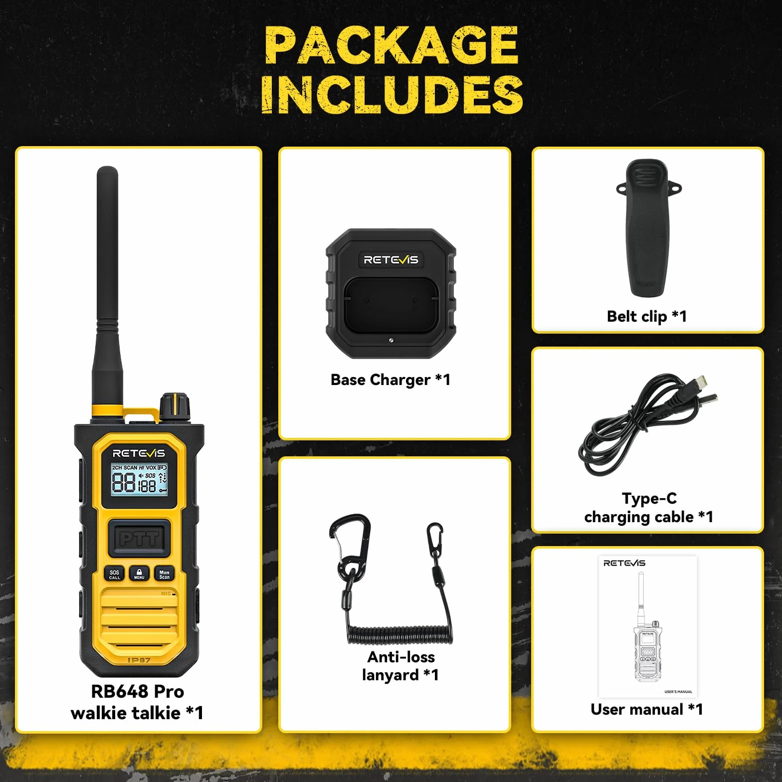 Retevis RB648 Pro Walkie Talkie, Wodoodporny IP67, 2800 mAh, Inteligentny Dźwięk, Profesjonalny Radiotelefon Dwukierunkowy o Dużym Zasięgu do Placów Budowy i Transportu Towarów (1 Szt. Żółty)
