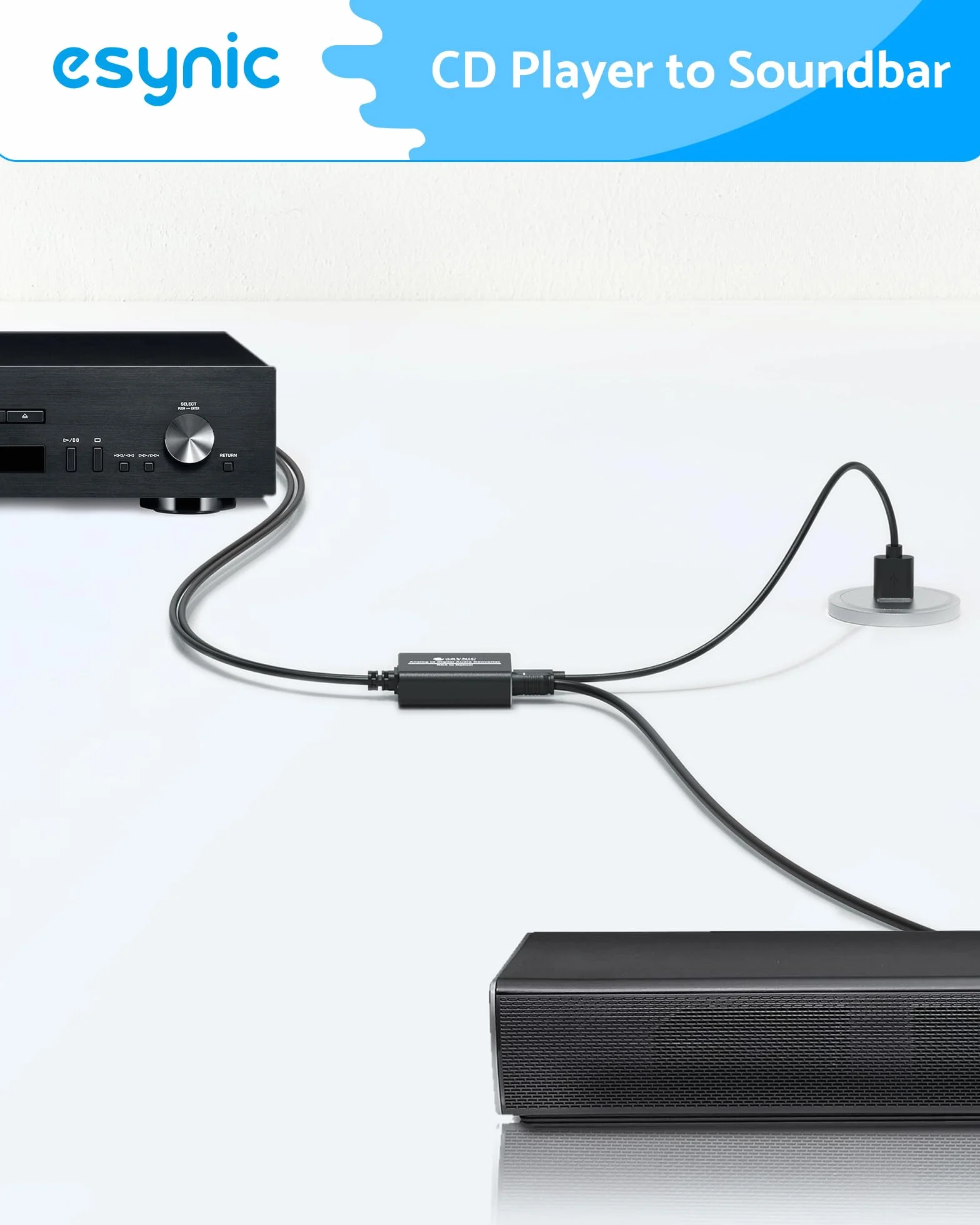 Konwerter audio analogowego na cyfrowy eSynic RCA do optycznego z kablem optycznym, obudowa z aluminium Analogowy konwerter na cyfrowy odpowiedni dla gramofonów, odtwarzaczy CD, soundbarów.