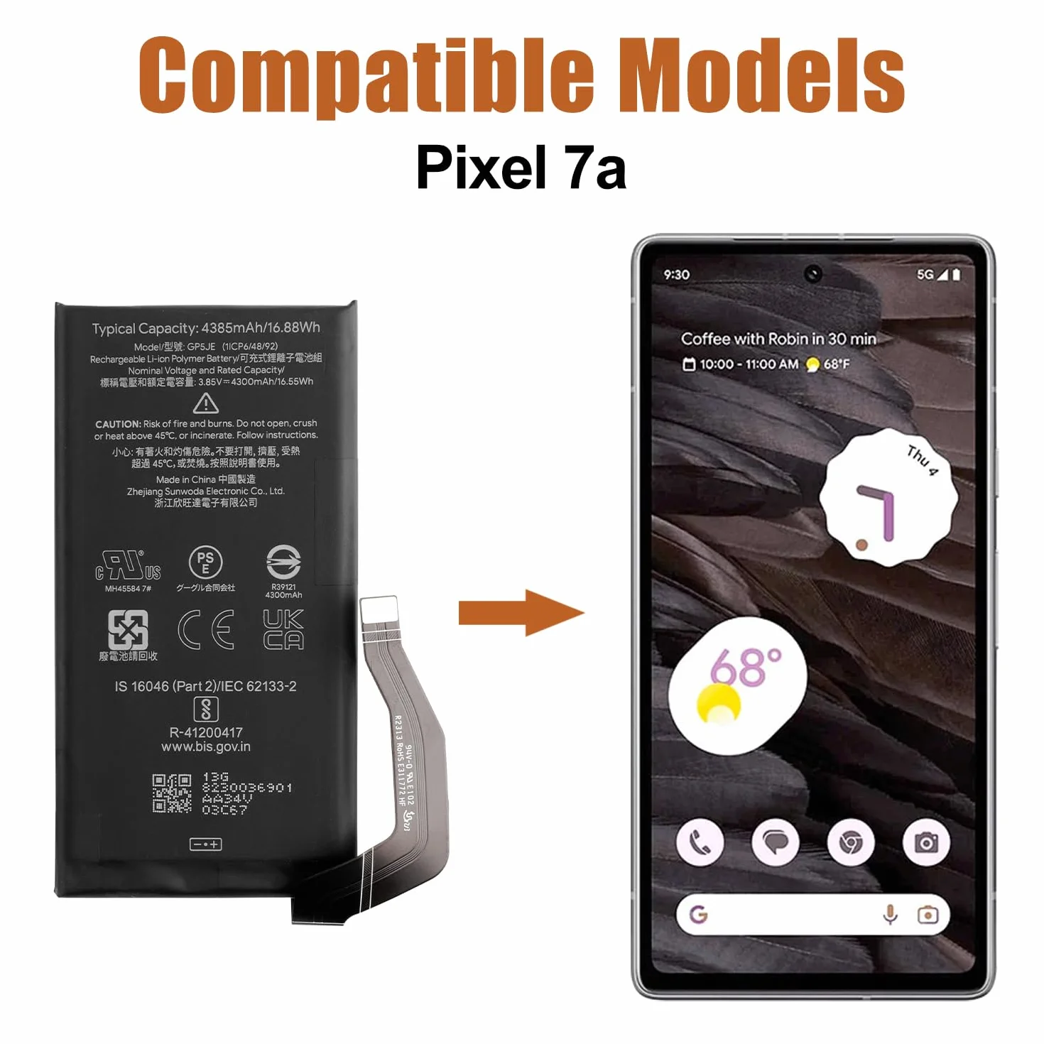 Duotipa 4300 mAh nowa bateria zamienna GP5JE kompatybilna z Google Pixel 7a akumulator z zestawem narzędzi naprawczych
