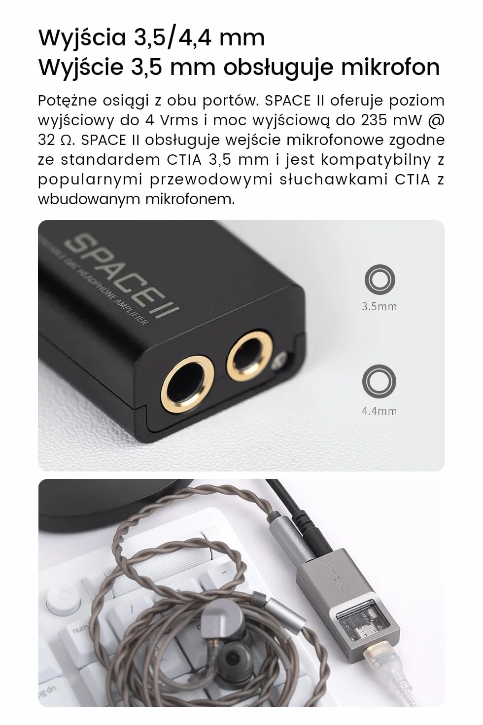 SPACEⅡ Przenośny DAC, wydajny wzmacniacz niskostratny z APP i mikrofonem | Dual CS43131, DAC niskoprądowy, układ transmisji cyfrowej USB "PureBridge", DSD256 PCM32Bit/384kHz, wyjścia 3.5mm/4.4mm