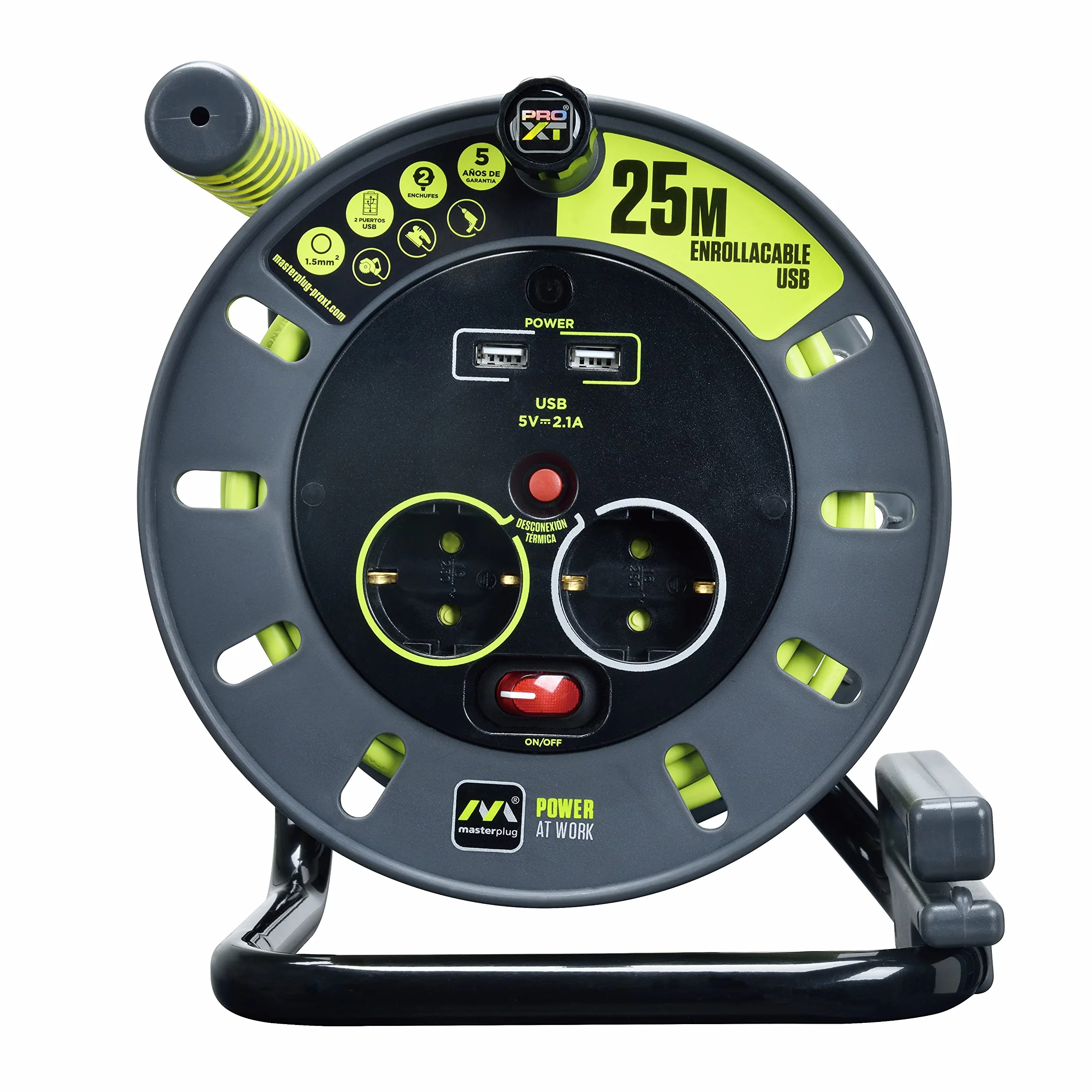 Masterplug Pro-XT bęben kablowy, 25 m, USB, przedłużacz, 4 Schuko + USB, 3000 W, szary/pistacjowy zielony