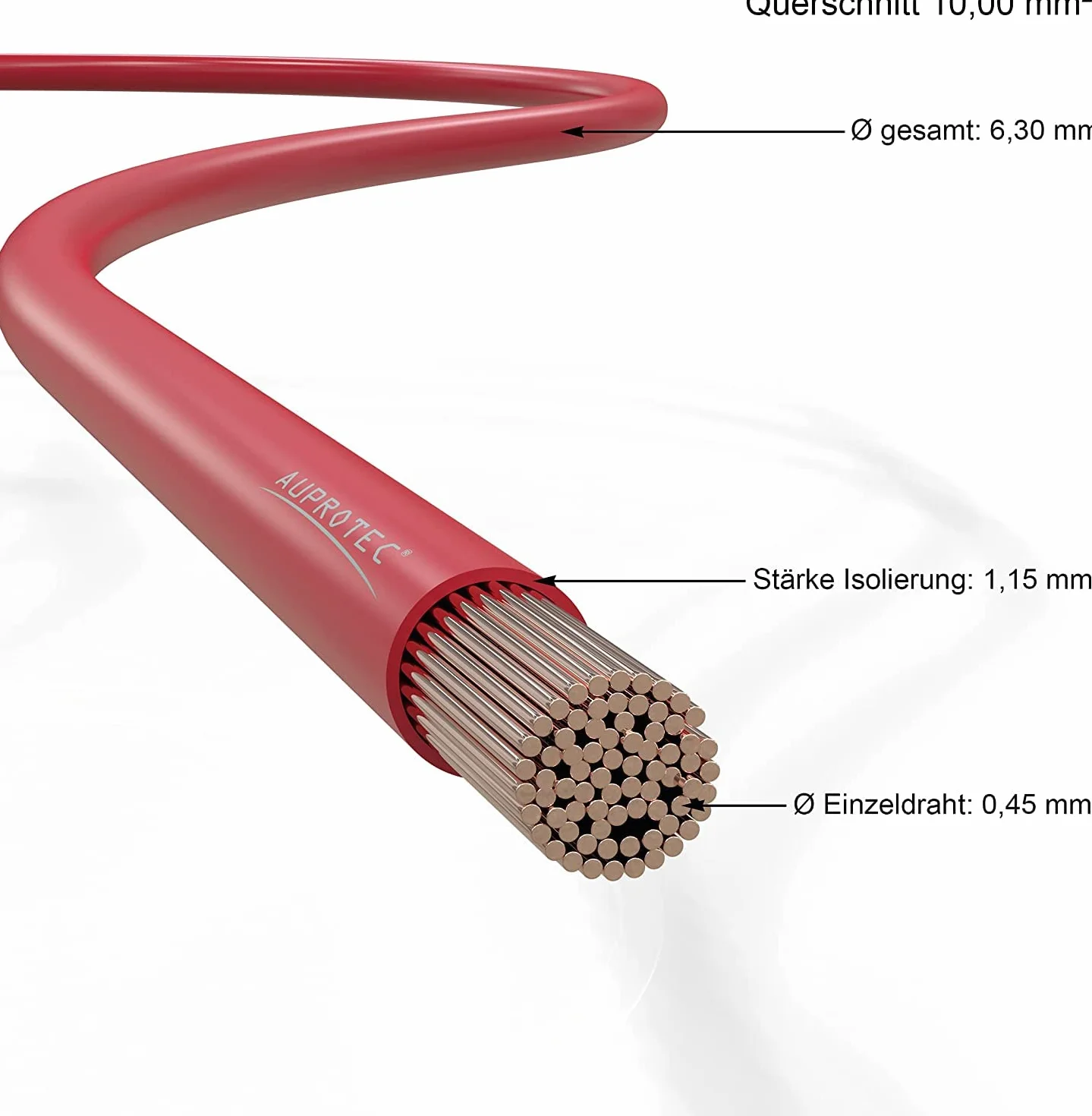 AUPROTEC Fahrzeugleitung 10,0 mm² Kfz Kabel 1m, 5m oder 10m Auswahl: 5m, rot