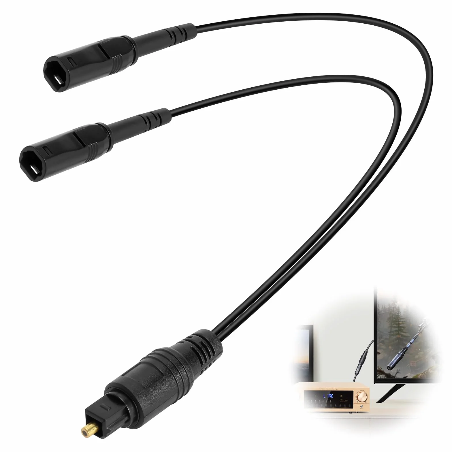 TNSLAND Toslink Digital Optical Splitter Adapter kabel 1 na 2 wyjścia, 32 cm kabel audio SPDIF rozszerzenie, splitter SPDIF kabel audio wejście 2 gniazda 1 wtyczka do kina domowego, TV, odtwarzacz DVD