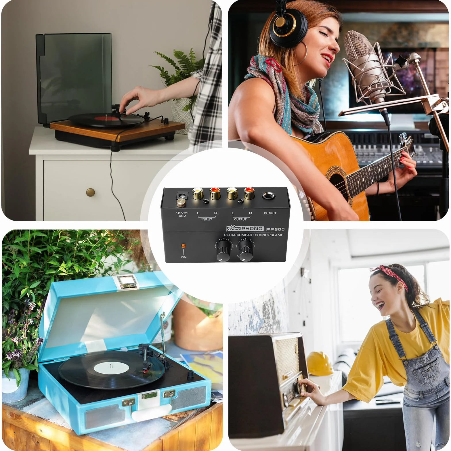 Phono przedwzmacniacz gramofonu, gramofon, czarny wzmacniacz stereo z systemami skanowania MM, Phono Preamp do gramofonu, wzmacniacz stereo z poziomem, wejście i wyjście RCA