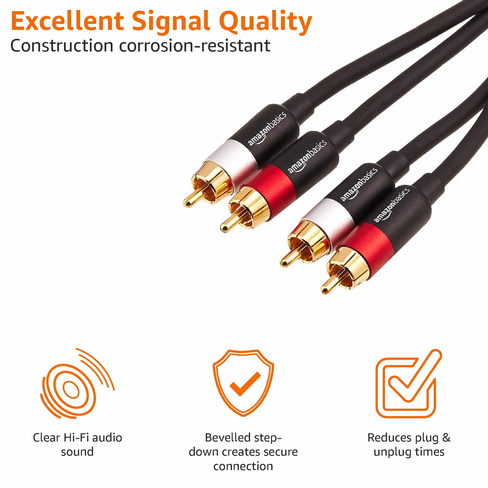 Amazon Basics Kabel audio, 2 RCA, do głośników stereo lub subwoofera z pozłacanymi wtykami, 4,5 m, czarny