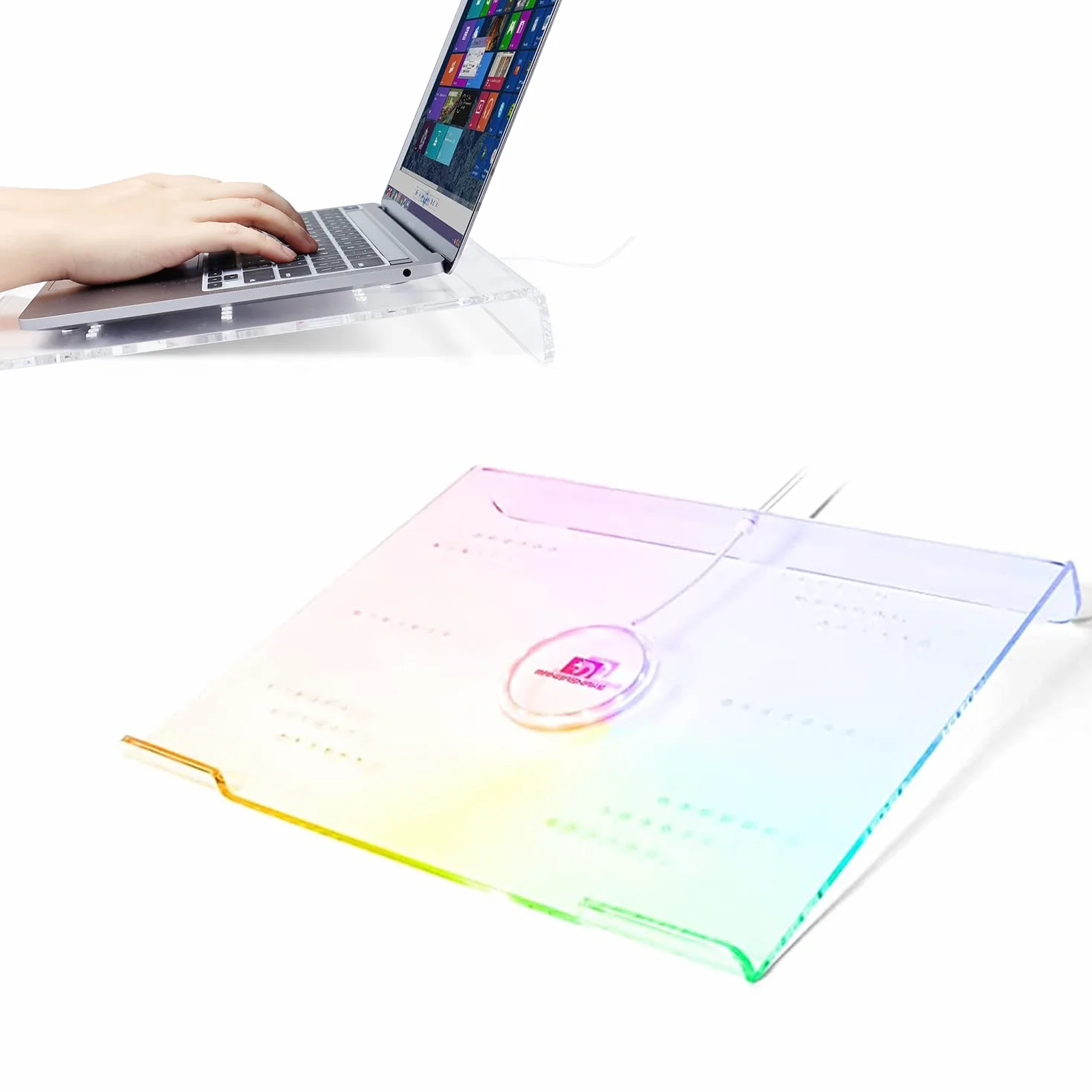 MAMBASNAKE Podpórka na laptopa na biurko, przezroczysty akrylowy stojak na laptopa, ergonomiczny stojak na komputer do laptopa, wentylowany uchwyt na notebooka, podświetlenie 366 RGB, kompatybilny z iPadem MacBookiem, od 10 do 17,3 cala, do pracy lub domu