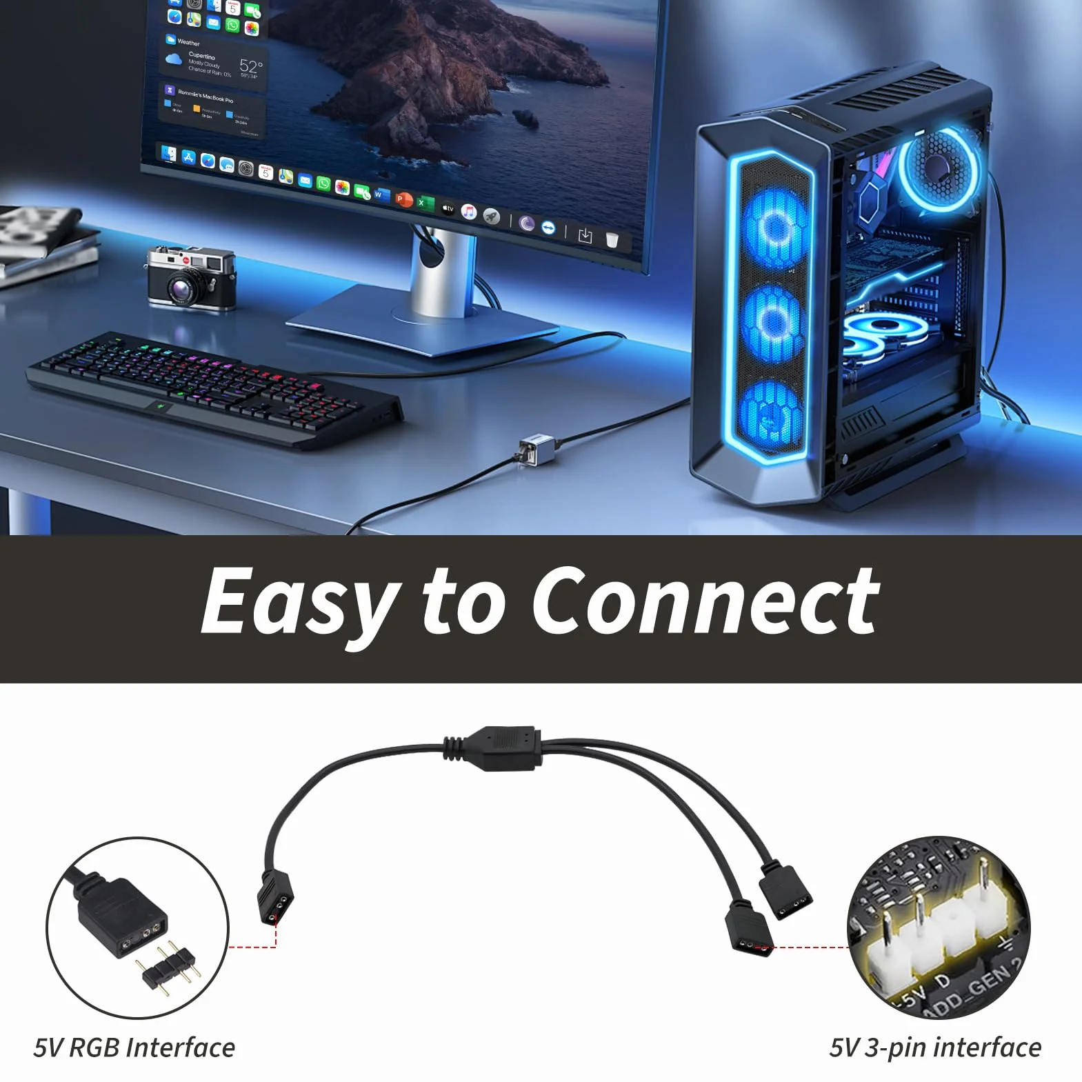 2 kable RGB PC, 1-2, rozdzielacz ARGB, 3-pinowe, 5 V, 30 cm, z pinami męskimi, przedłużenie ARGB do wentylatorów i taśm LED, kompatybilne z płytami głównymi, koncentratorami RGB do gier komputerowych