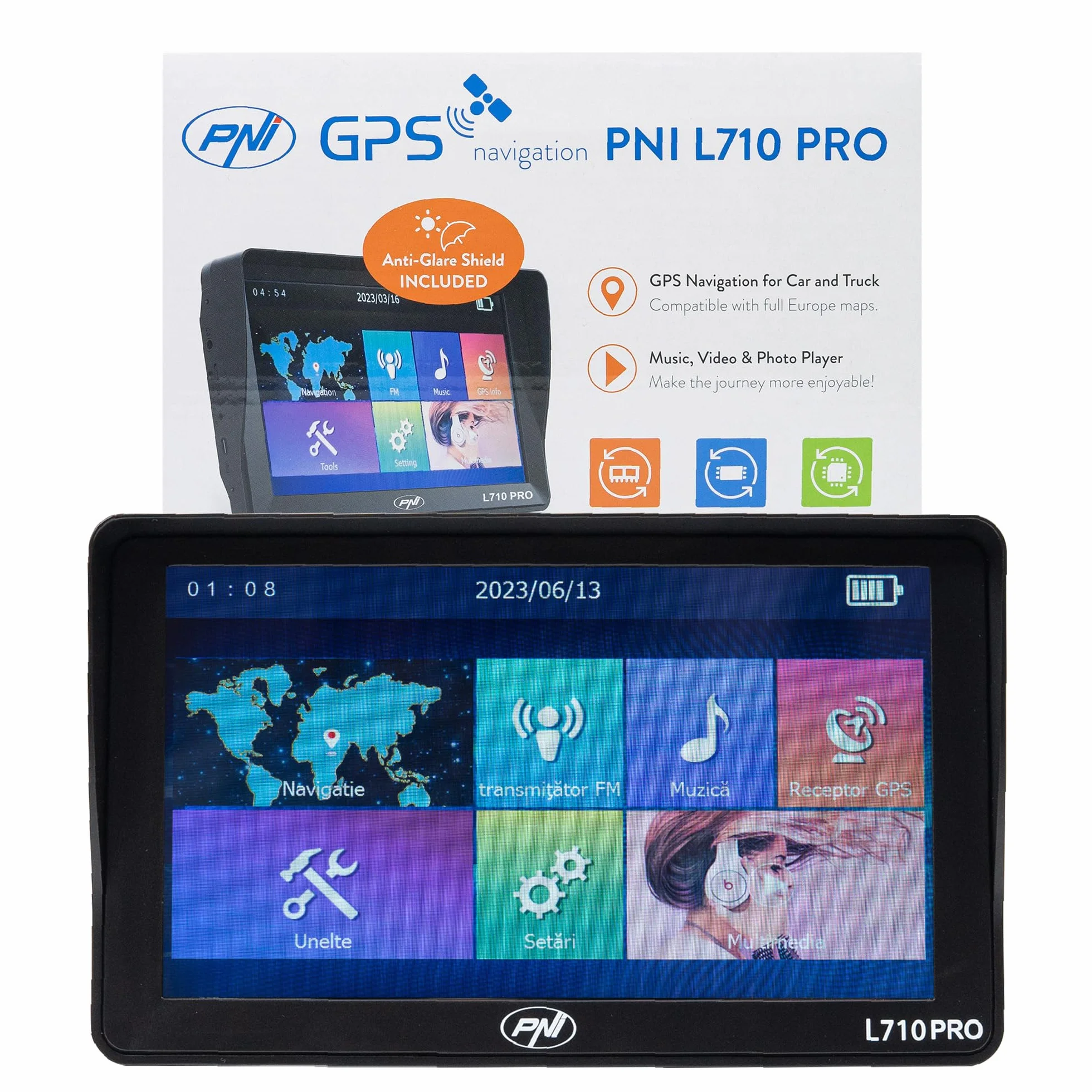 System nawigacji GPS PNI L710 PRO z osłoną przeciwsłoneczną, 7 cali, 800 MHz, 256 MB DDR, 16 GB pamięci wewnętrznej, nadajnik FM, w zestawie dwa zasilacze samochodowe
