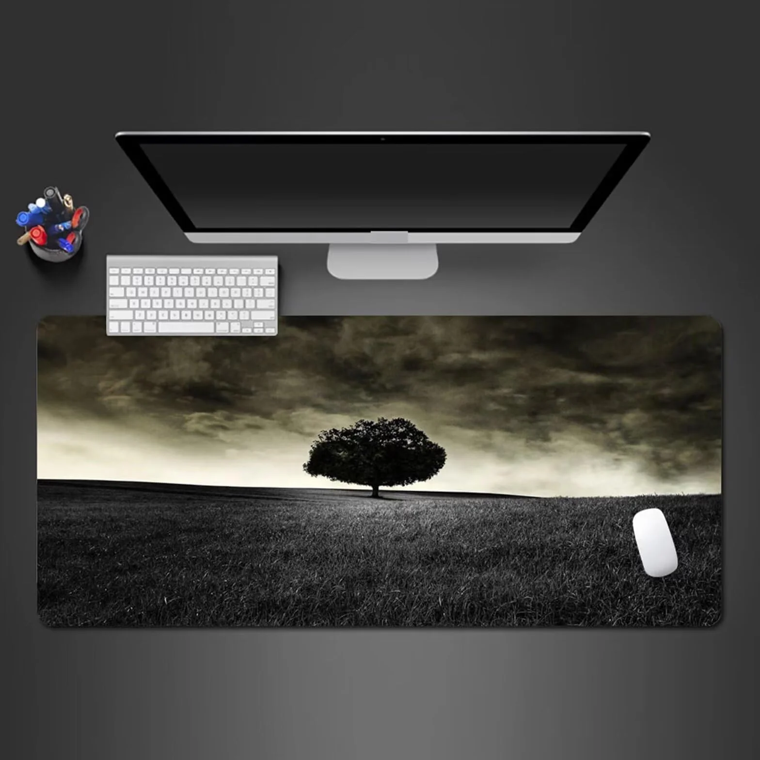 Podkładka pod mysz z drzewem krajobrazowym, 1200 x 600 x 3 mm, rozszerzona duża podkładka pod mysz, podkładka na biurko, zszywane krawędzie, antypoślizgowa gumowa podstawa, podkładka pod klawiaturę,