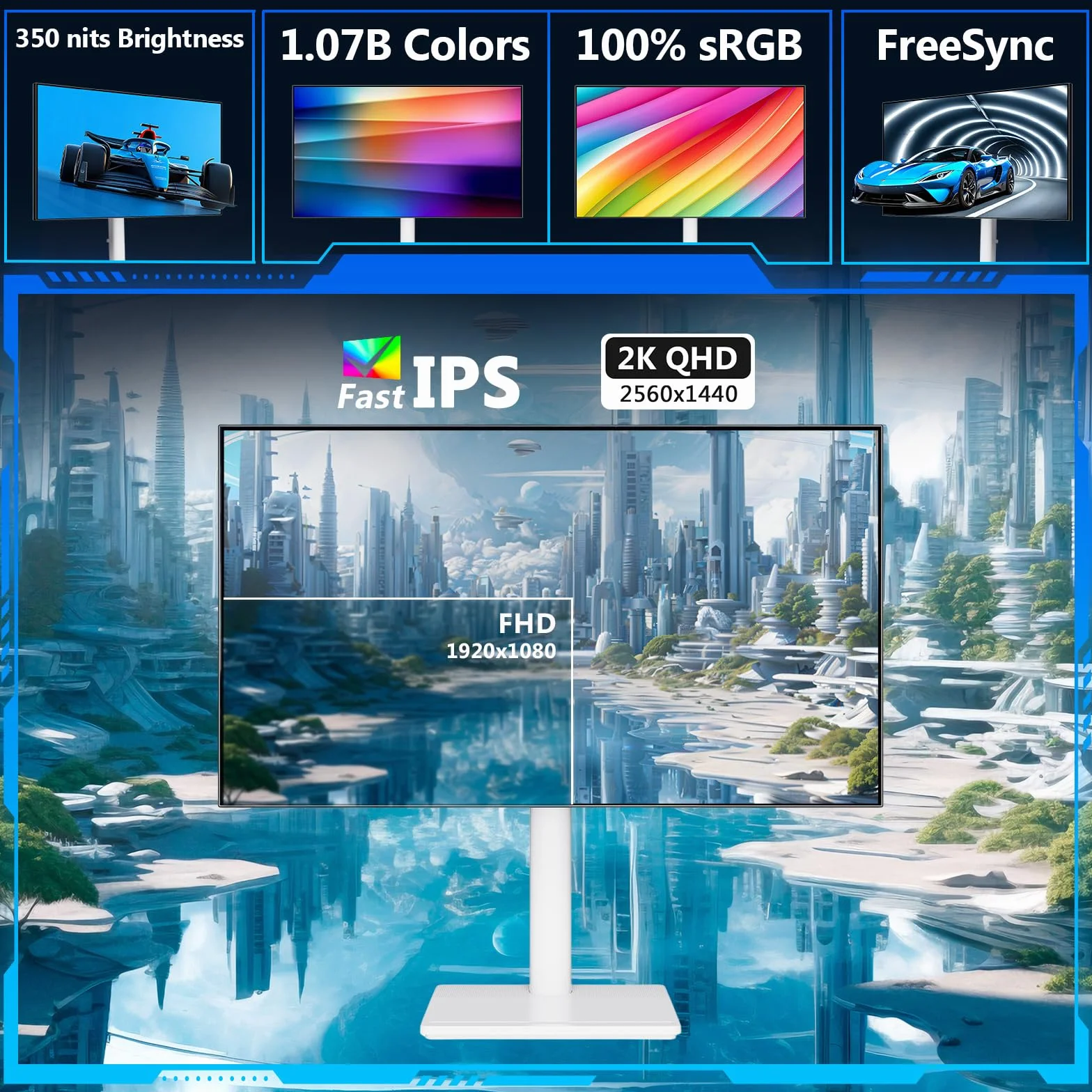 Z-Edge AGEX 27-calowy Monitor Biały Gamingowy QHD 144Hz 2K 2560x1440 Szybki IPS MPRT 1ms, Monitor LED, 350 cd/m², FreeSync, HDR10, DP & HDMI, Regulacja Wysokości, Przechylny, Obrotowy, Pivot, Czarny