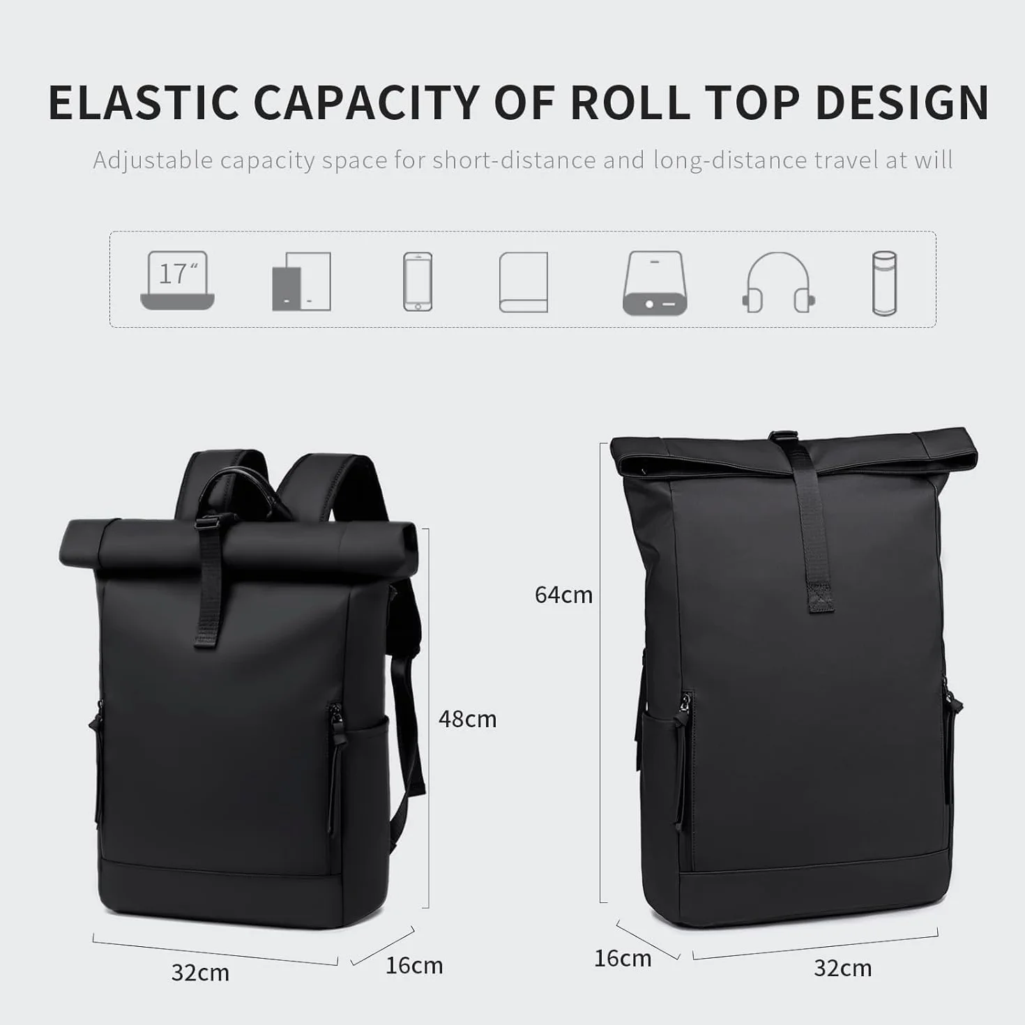 Rolltop plecak dla kobiet i mężczyzn, duży plecak na laptopa, wodoszczelny, z kieszenią na komputer o przekątnej ekranu 17,3", plecak szkolny, 24 l/32 l, wodoodporny plecak podróżny, bagaż