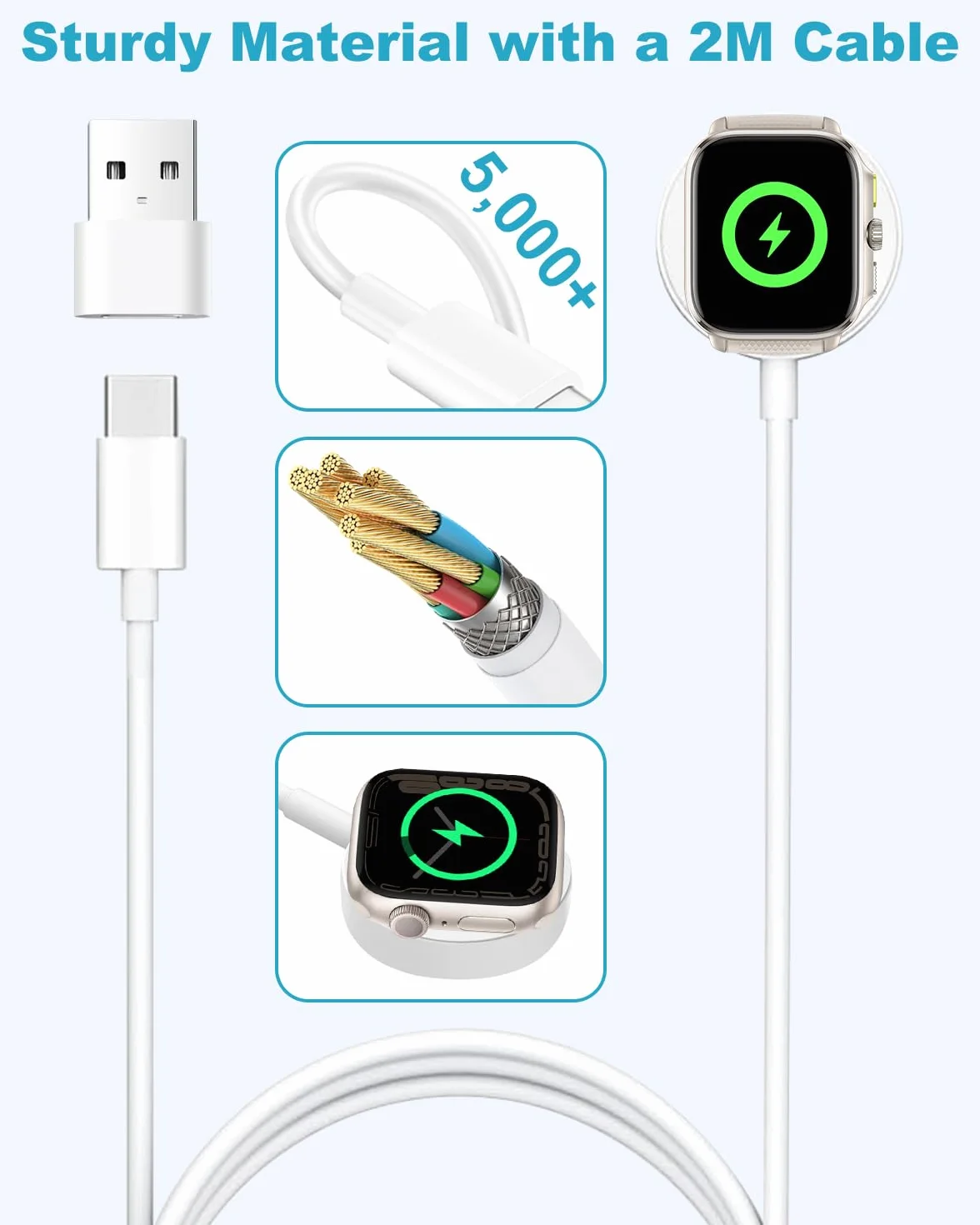 Kabel do ładowania Apple Watch, ładowarka Apple Watch 2M USB-C magnetyczna stacja dokująca, kabel ładowarki Apple Watch do Apple Watch Seria 10/9/8/7/6/5/4/3/2/SE/Ultra