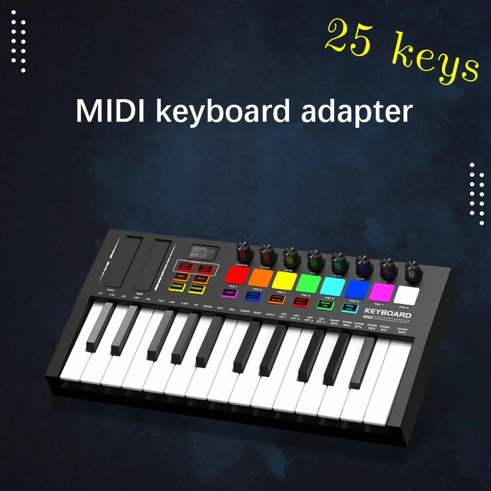 Domary 25-klawiszowa Klawiatura MIDI z Podświetlanymi Podkładkami RGB Wyświetlacz OLED USB Typu C, do Przenośnej Produkcji Muzycznej Beat Maker Producent Muzyczny DJ