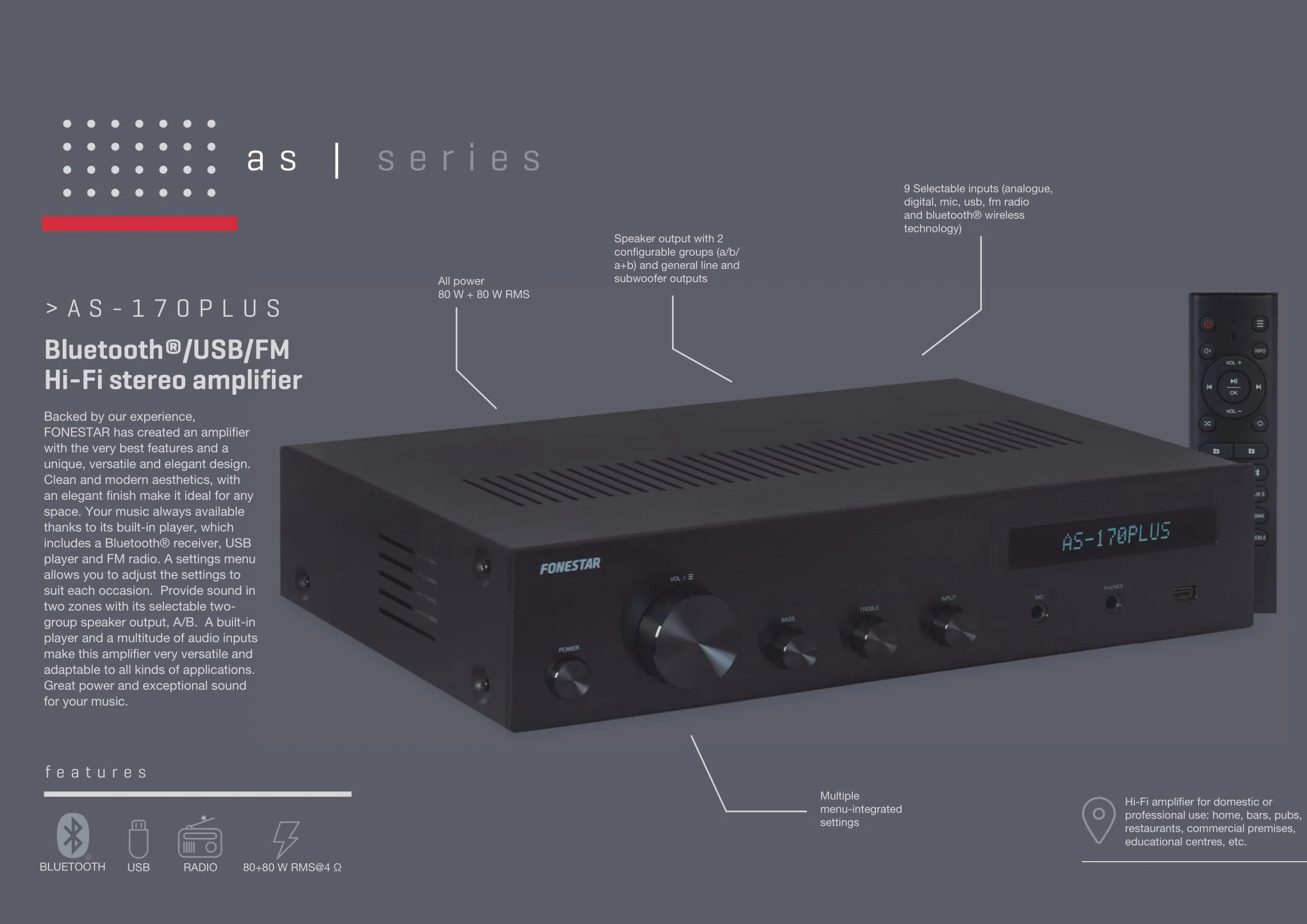 Wzmacniacz stereo Bluetooth®/USB/FM
